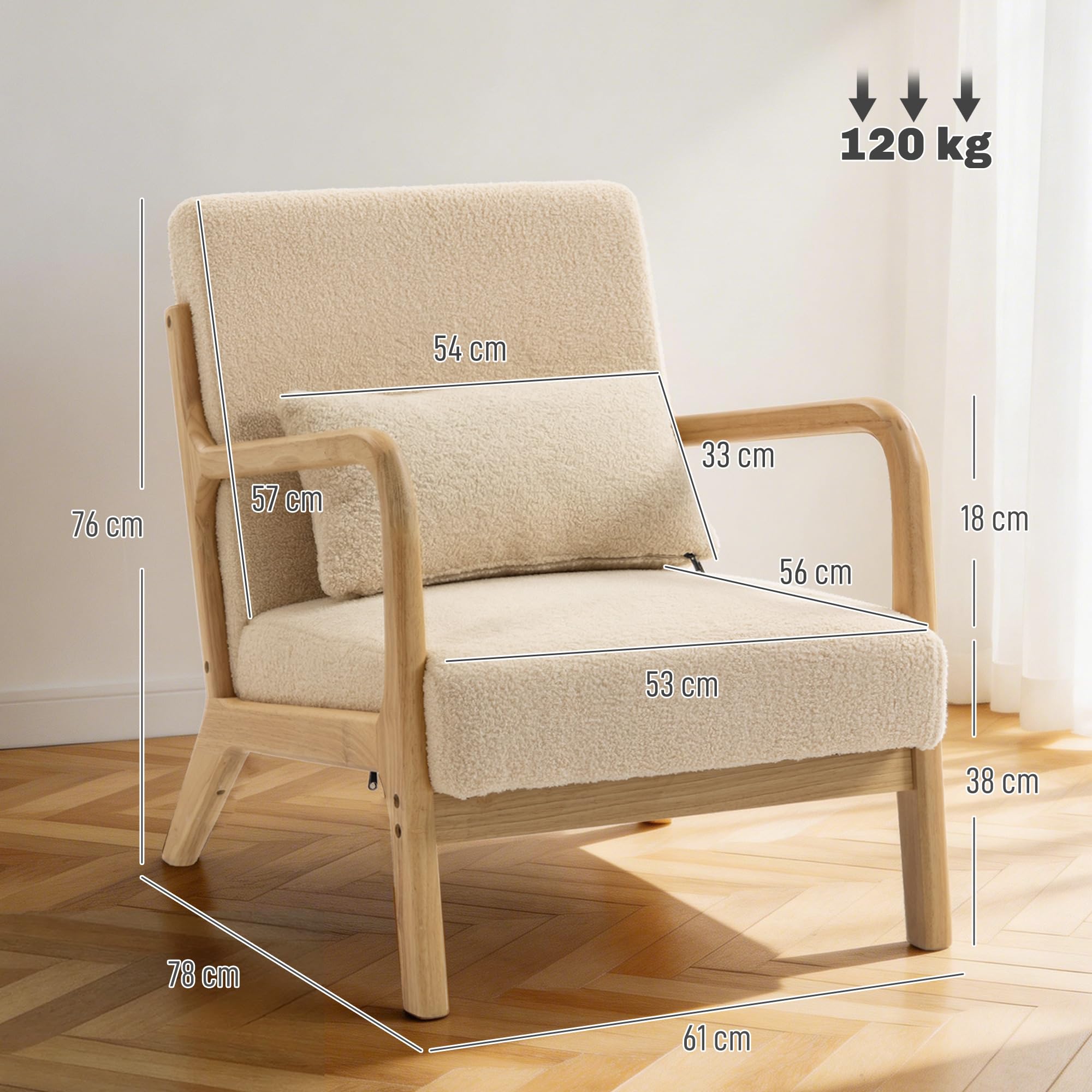 HOMCOM Fauteuil de Salon avec Cadre en Bois Massif Fauteuil Lounge - Assise Profonde - accoudoirs - Aspect Velours Beige