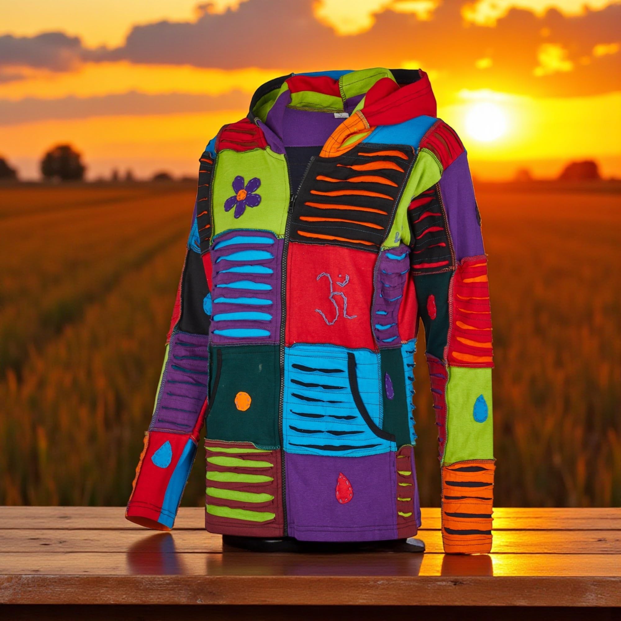Damen Baumwoll Patch Jacke Bunt – Handgefertigte Boho Kapuzenjacke mit Rillenmuster & Stickerei – Fair Trade Hippie Jäckchen Nepal – Bunt Mix