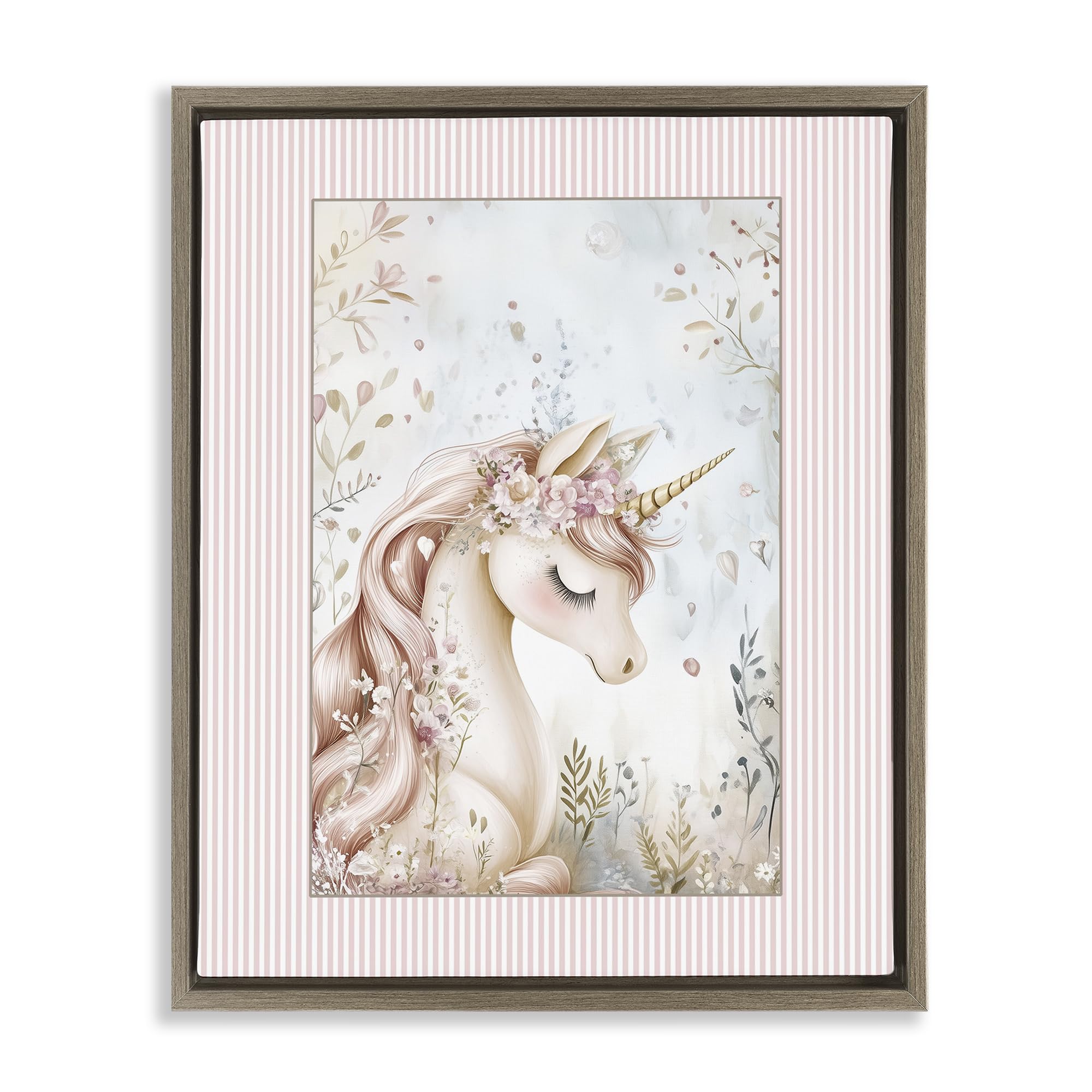 Stupell Industries Whimsical Pastel Unicorn Floral 'Enchanted Dreams Unicorn', Floating Frame Canvas Art, Brown, 25 X 31 Inches, Easy To Hang And Sturdy, Made In Usa, By Christine Simpson Art