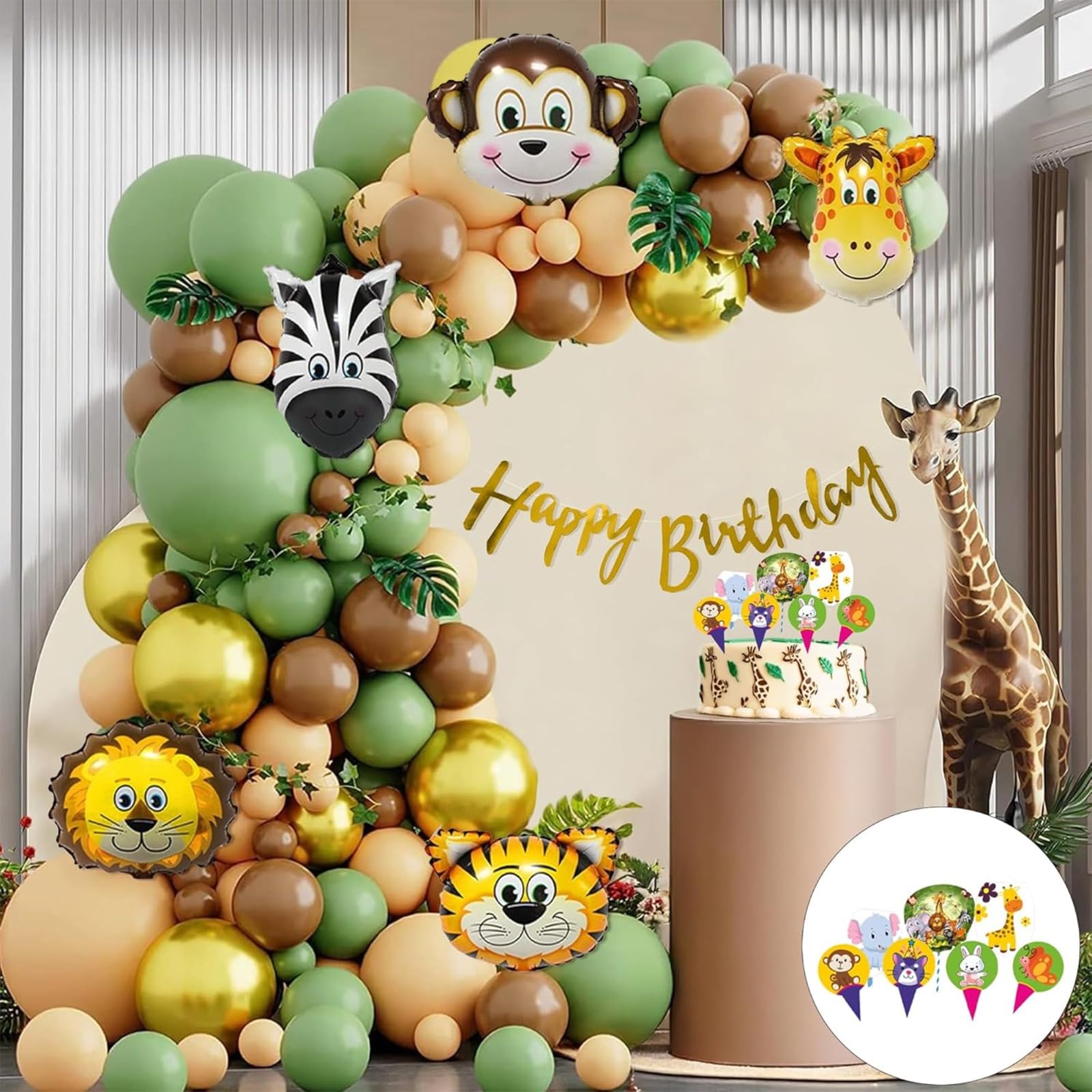 Special You Jungle Theme Birthday Decoration kit for Boys, Girls with Olive Green, Peach, Retro Brown Balloons, Animal Foil Balloons for Decoration, Jungle Cake Topper, Birthday Decor Items- 65 Pcs