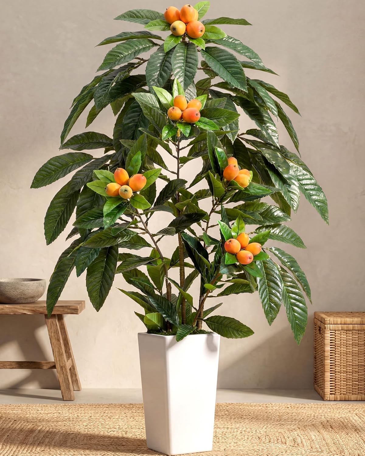 Jexine Artificial Loquat Tree 5FT Japanese Artificial Tree with Fruit Fake Tropical Tropical Fruit Plant Silk Green Floor Plants for Home Office Living Room Patio Balcony Outdoor Indoor Decor