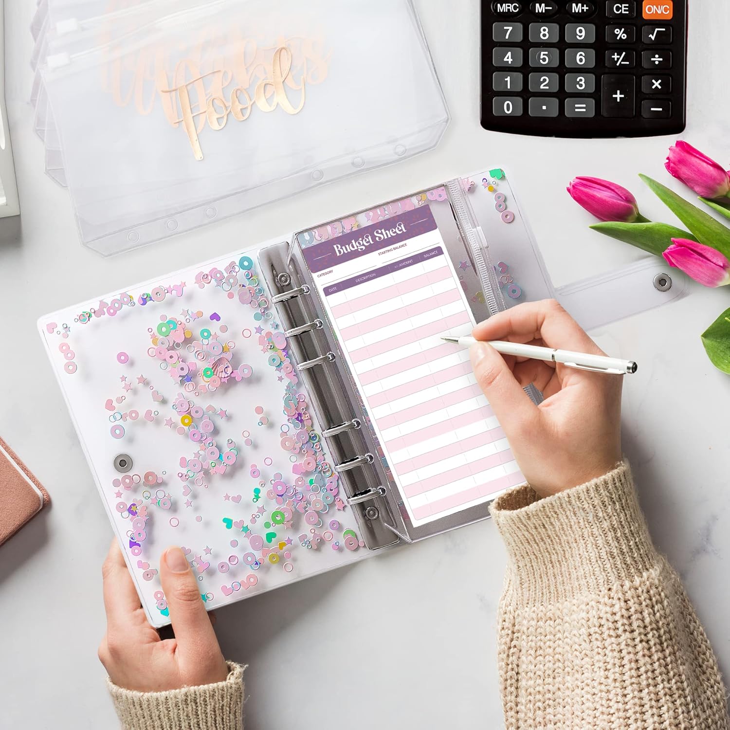 SOUL MAMA Budget Binder with Zipper Envelopes - Glitter Money Organizer for Cash, A6 Binder Cash Envelopes for Budgeting, Money Saving Binder with Rose Gold Pre-Printed Stickers : Office Products