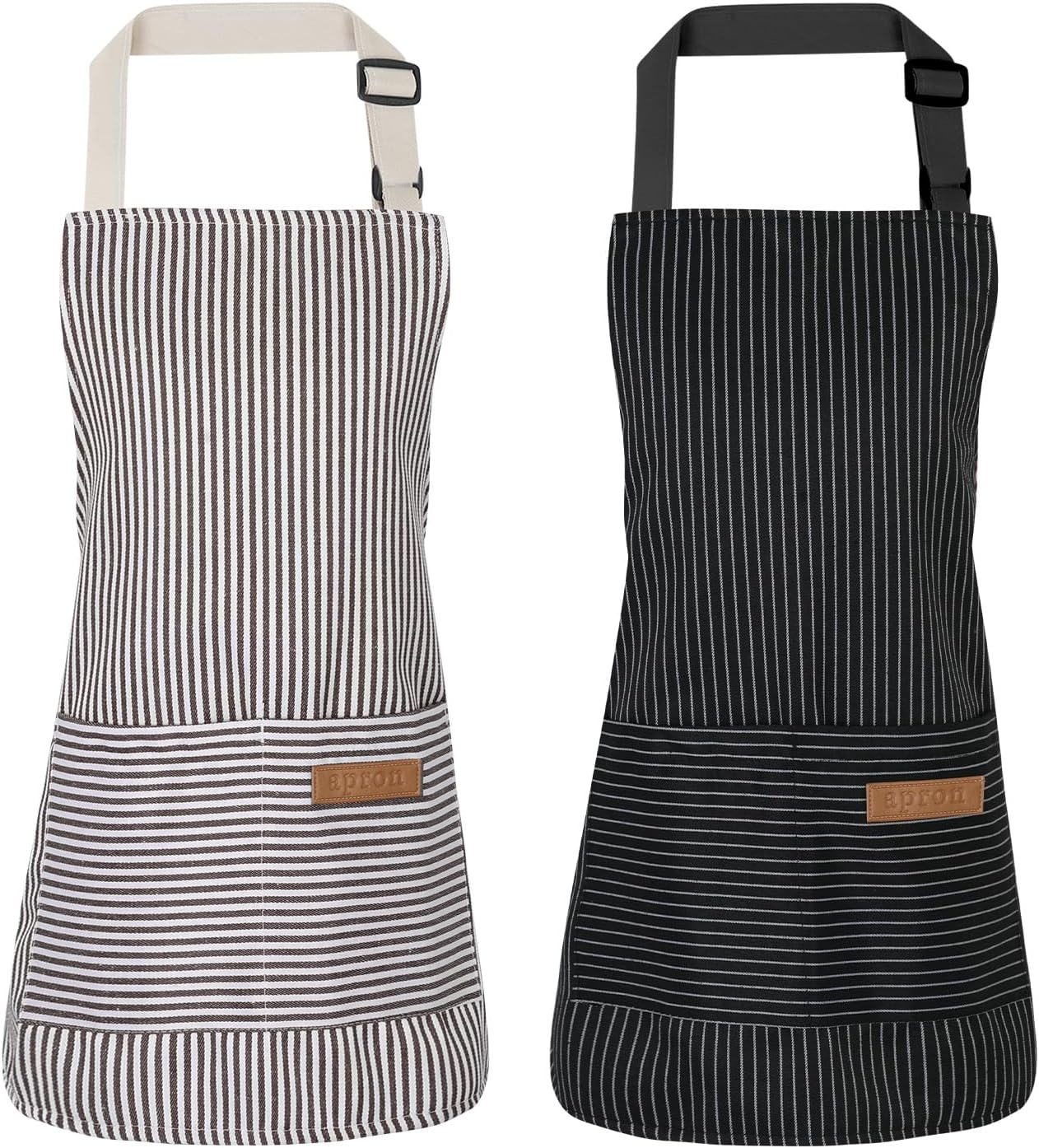 GTVGJH 2 Pack Kitchen Cooking Aprons, Adjustable Bib Soft Chef Apron with 2 Pockets for Men Women(Black/Brown Stripes)