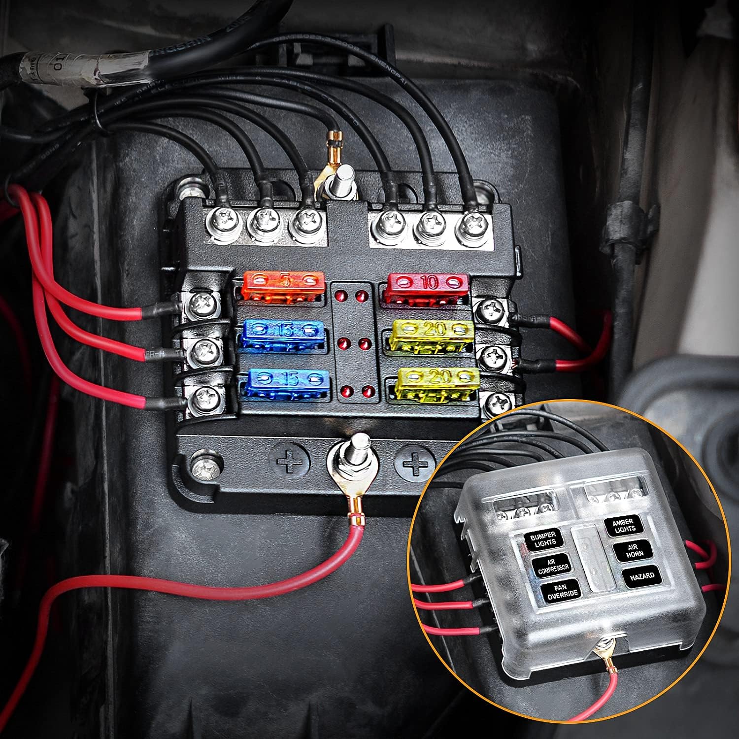 Extractme 6 Way Blade Fuse Block with Negative Bus, 6 Circuit Fuse Box Holder with LED Indicator Waterproof Protection Cover - Fuse Block Panel for 12V/24V Auto Car Truck Boat Marine (12 Pcs Fuse) : Automotive