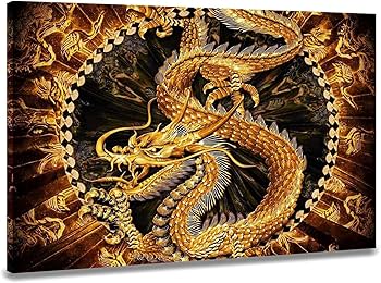 Amazon.co.jp: キャンバス絵画 昇運 幸運 黄金のドラゴン アートパネル
