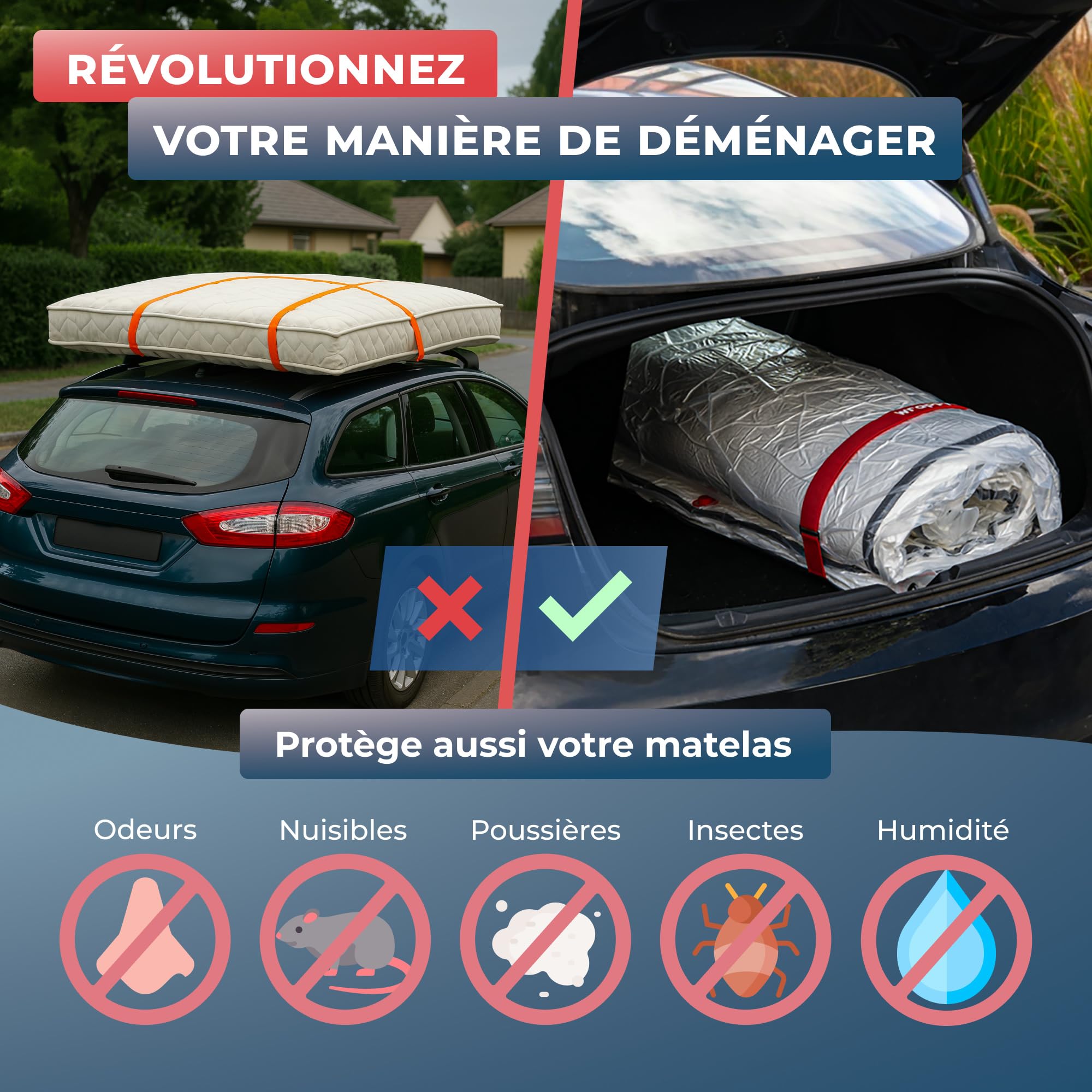 Wrappybag – Sac sous vide Matelas Déménagement 140 x 200 cm – Kit Complet Housse protection matelas sous vide Etanche avec Clips & Sangles auto agrippantes – Compatible Toutes Tailles et Aspirateurs