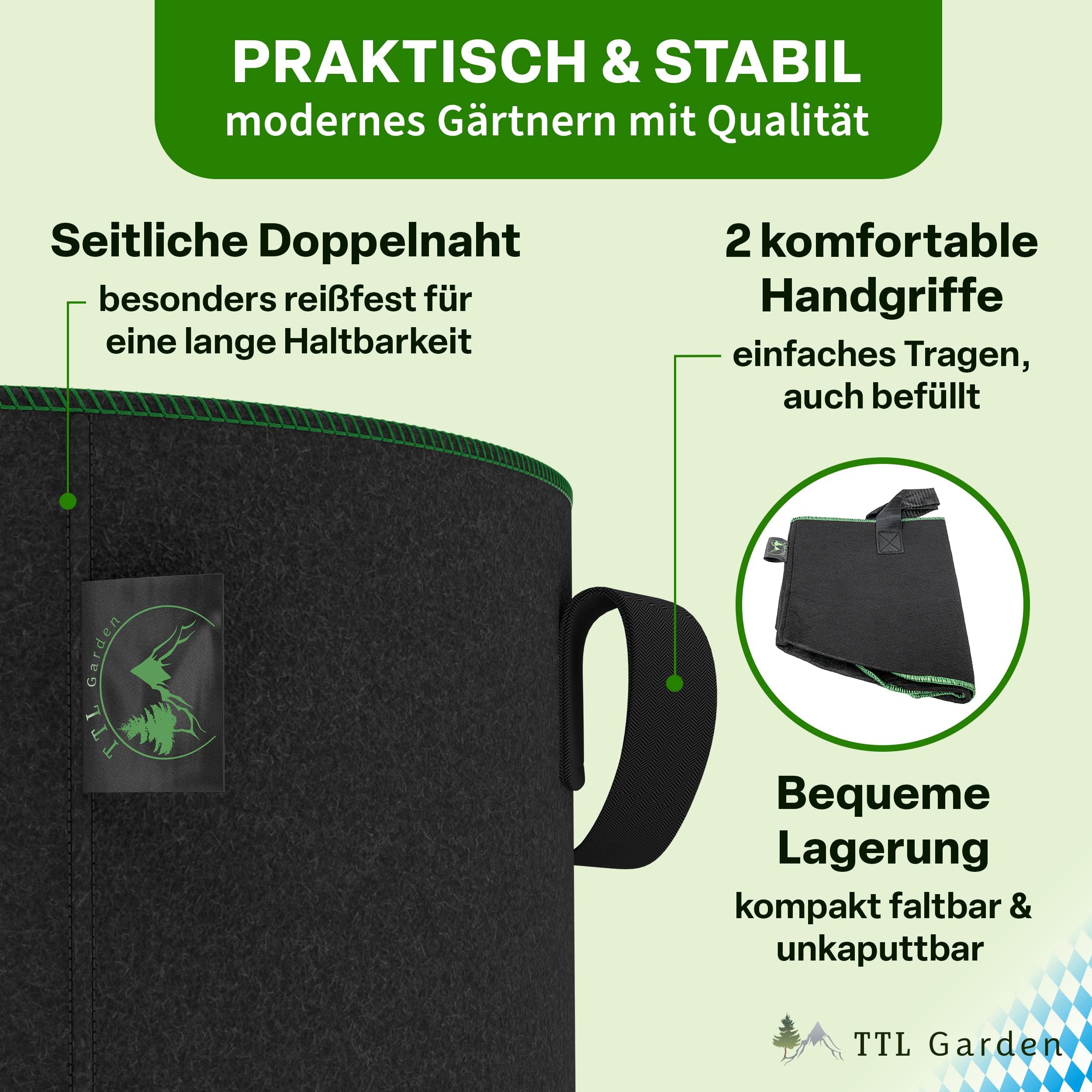 TTL GARDEN 10x 40L Bolsa para Plantas de Tela no Tejida - Juego de 10 Bolsas de 40 litros de 300 g/m² de Fieltro y Tela no Tejida - Maceta para Plantas, Bolsa de Cultivo para balcón, terraza