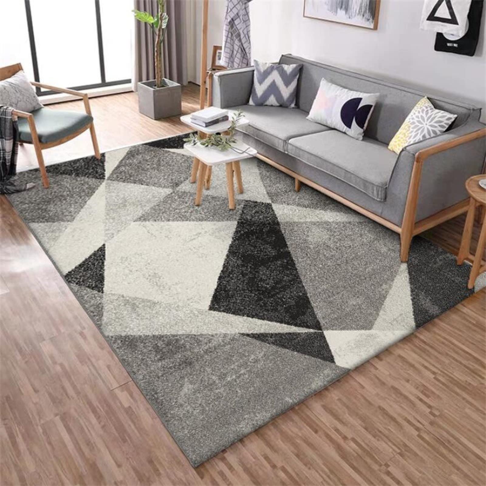 Rururug Teppich Quadratisch Wohnzimmer Kurzflor mit Antirutschmatte Schlafzimmer Waschbar Teppiche Anti-Rutsch Unterseite Sofa, schwarz grau geometrisch Square 120 x 120 cm