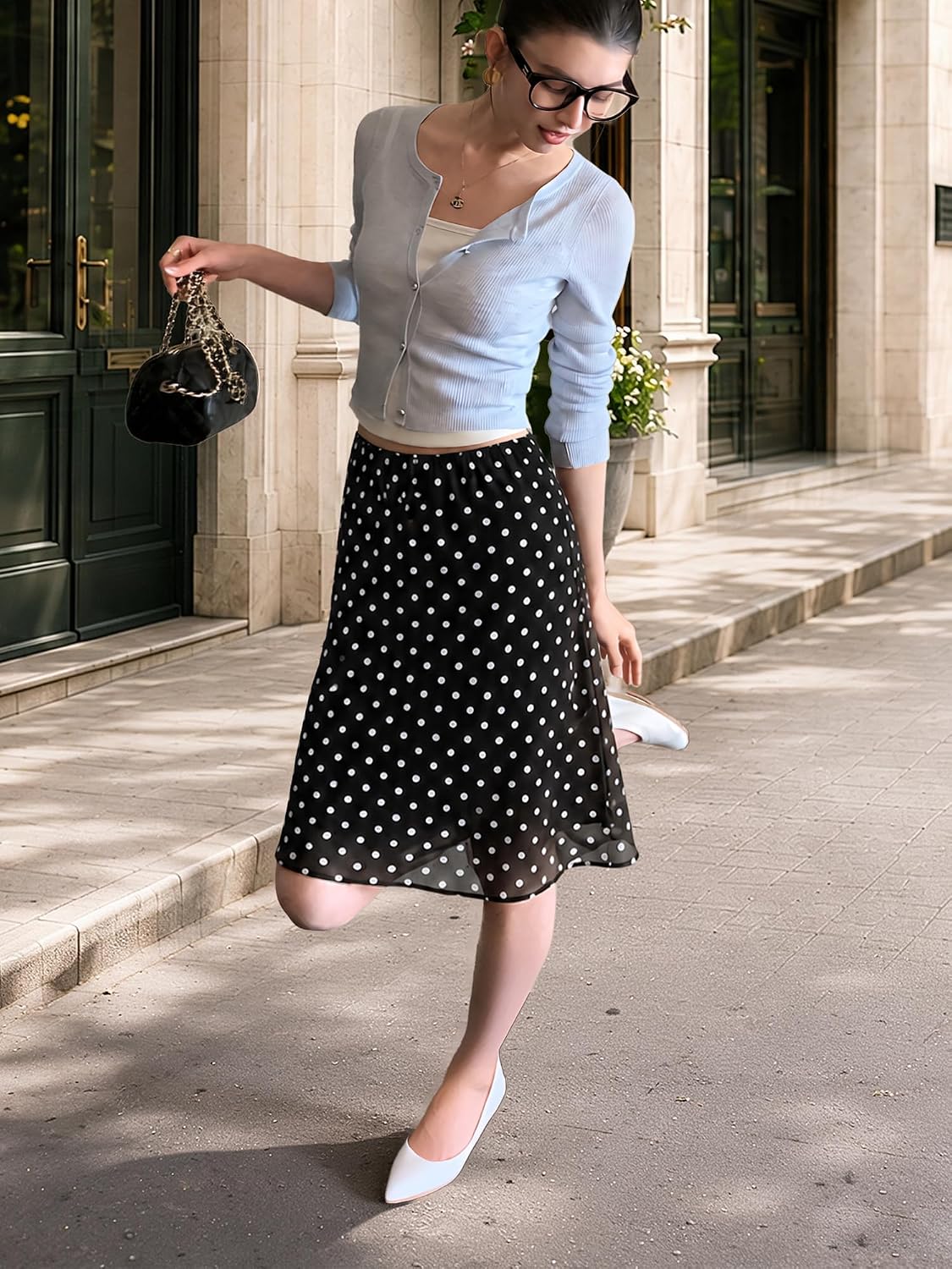ELLEVEN Low Rise Midi Skirts for Women， Polka Dot Knee Length Mesh Skirt