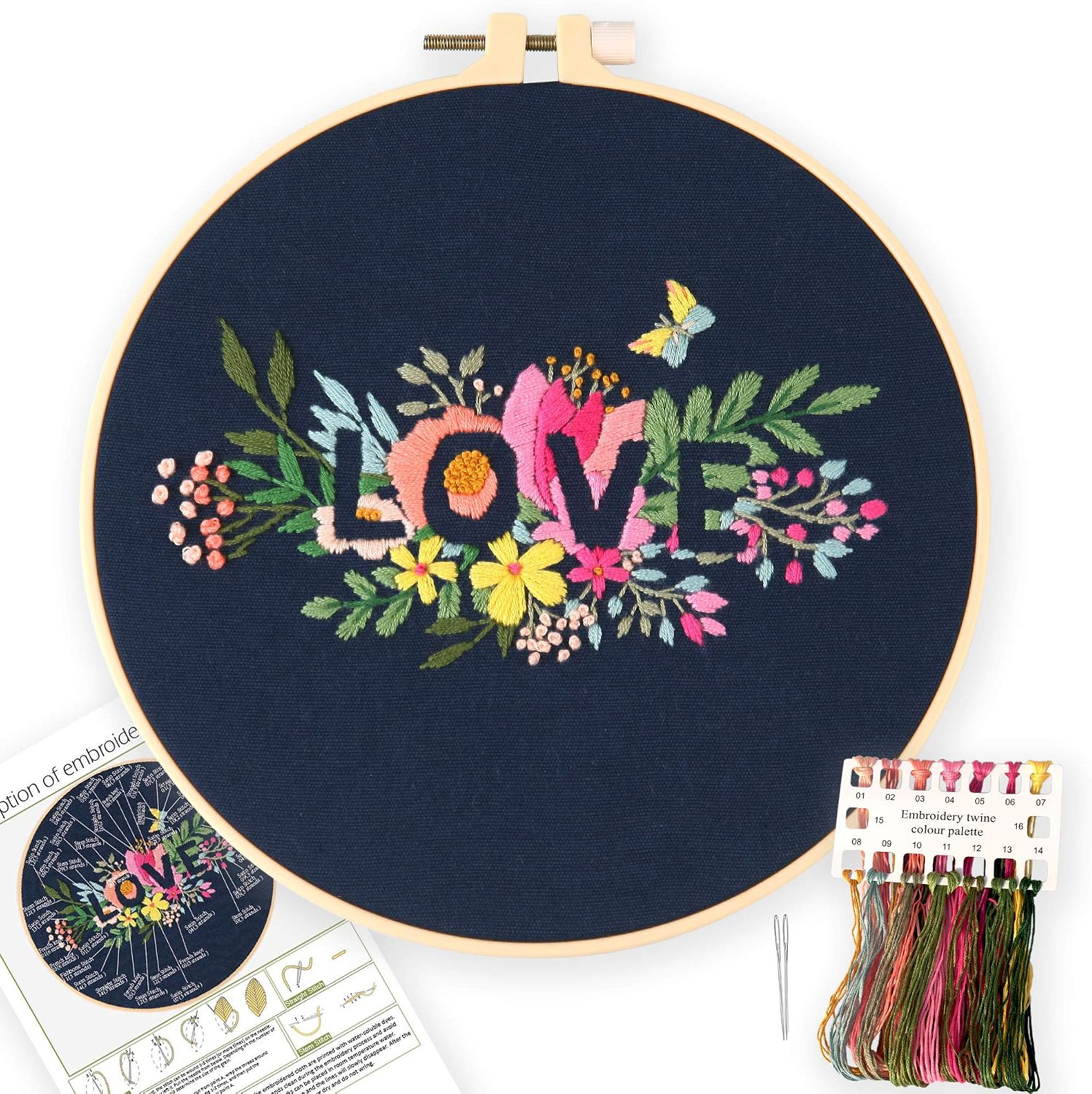 Full Series of Embroidery Kits for Beginners, The Theme of Love Thanksgiving, Including Patterned Cloth, Color Embroidery Floss Threads Set, Needle, Hoop and Other Tools. (Black)
