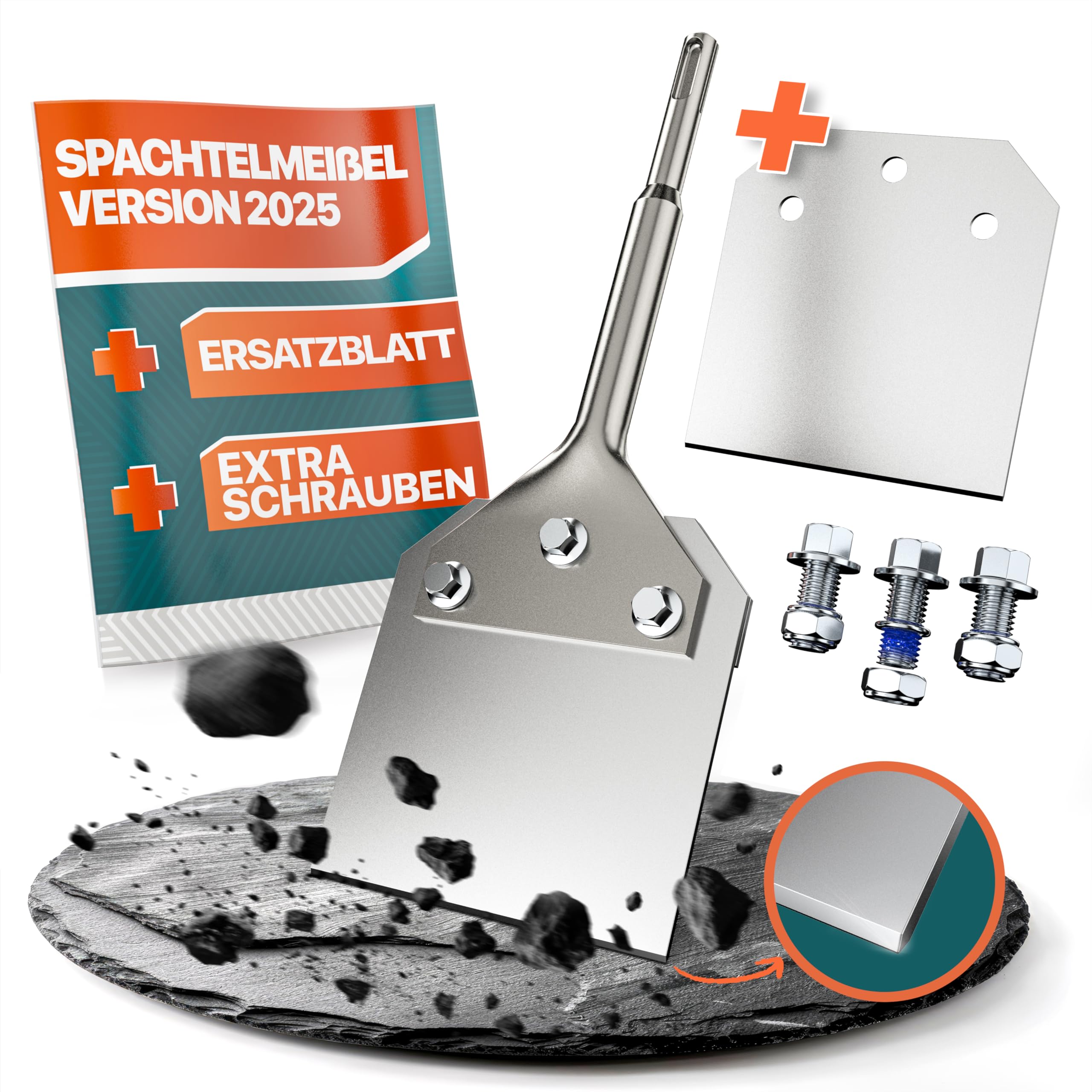 El eficaz cincel SDS Plus de Fairmo - SDS Plus cincel con hoja de repuesto y tornillos - Eliminador de adhesivo para azulejos - Eliminación de moqueta, pintura, pavimento y PVC. (1)