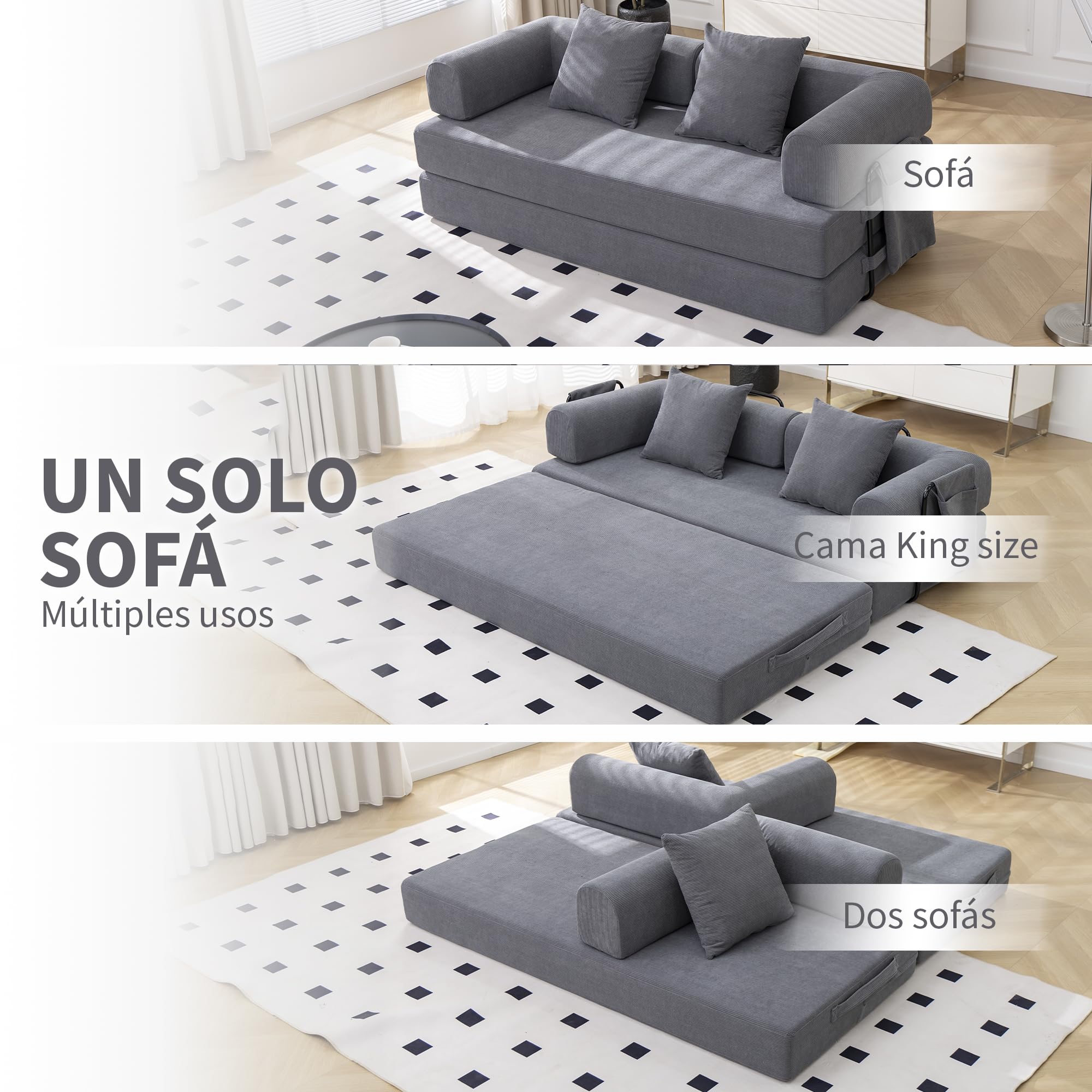 Lynna Sofa Cama 3 plazas sin Montaje – Sofa Modular autoexpandible Convertible en Cama Doble Grande, cómodo y versátil para Salones Modernos y Pisos pequeños, 200x94x70 cm (Gris Oscuro)