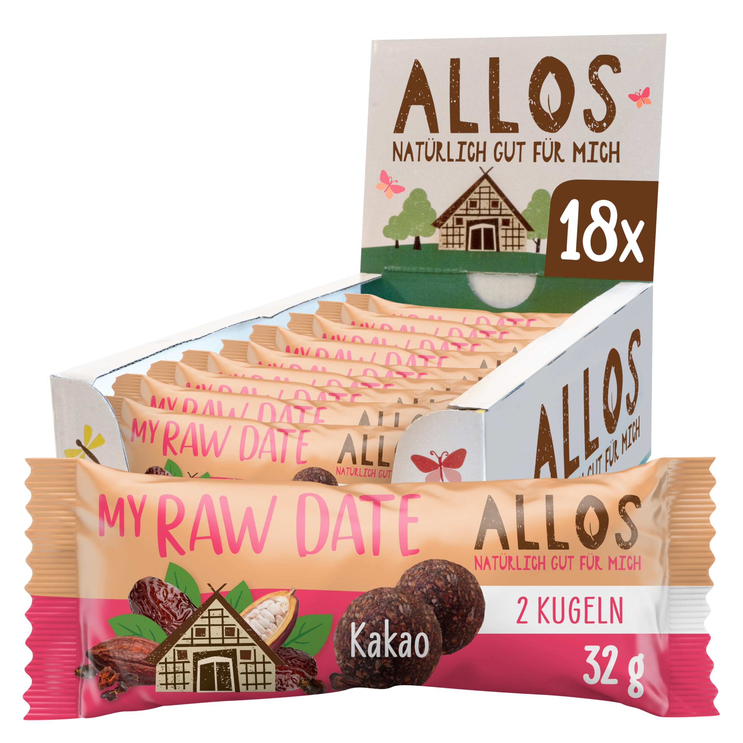 Allos My Raw Date Kakao | Bio Bliss Balls / Energy Balls | 18 x 32g | Energy Balls mit Kakao | 100% Bio & vegan | praktischer Snack für unterwegs
