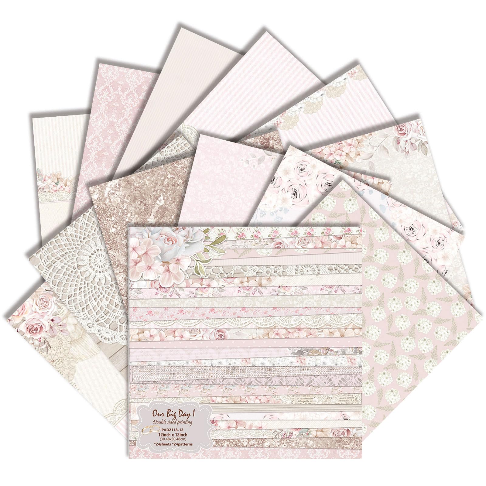 Scrapbook Paper, 24 Sheets 12x12 Inch Double Sided Pink Floral Patterned Scrapbook Supplies,160gsm Scrapbooking Paper Pack for Wedding, DIY Crafts (Pink Floral)