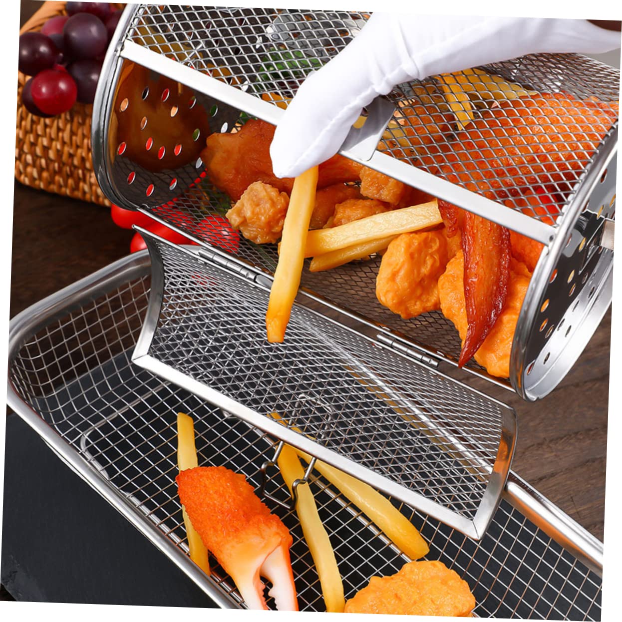 Yardwe Panier De Four À Tambour En Acier Inoxydable 25X14X14Cm Cage De Rôtissoire Rotative Accessoire De Cuisson Pour Barbecue Et Friteuse À Air
