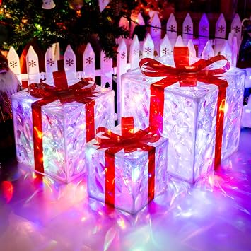 Set of 3 Christmas Lighted Gift Boxes with 50 LEDs,Outdoor Christmas Decorations,8 Modes RGBW Lights,Battery Operated Light Up Present Boxes for Christmas Trees Indoor Outdoor Home Yard Lawn Decor