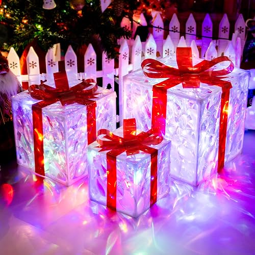 Set of 3 Christmas Lighted Gift Boxes with 50 LEDs,Outdoor