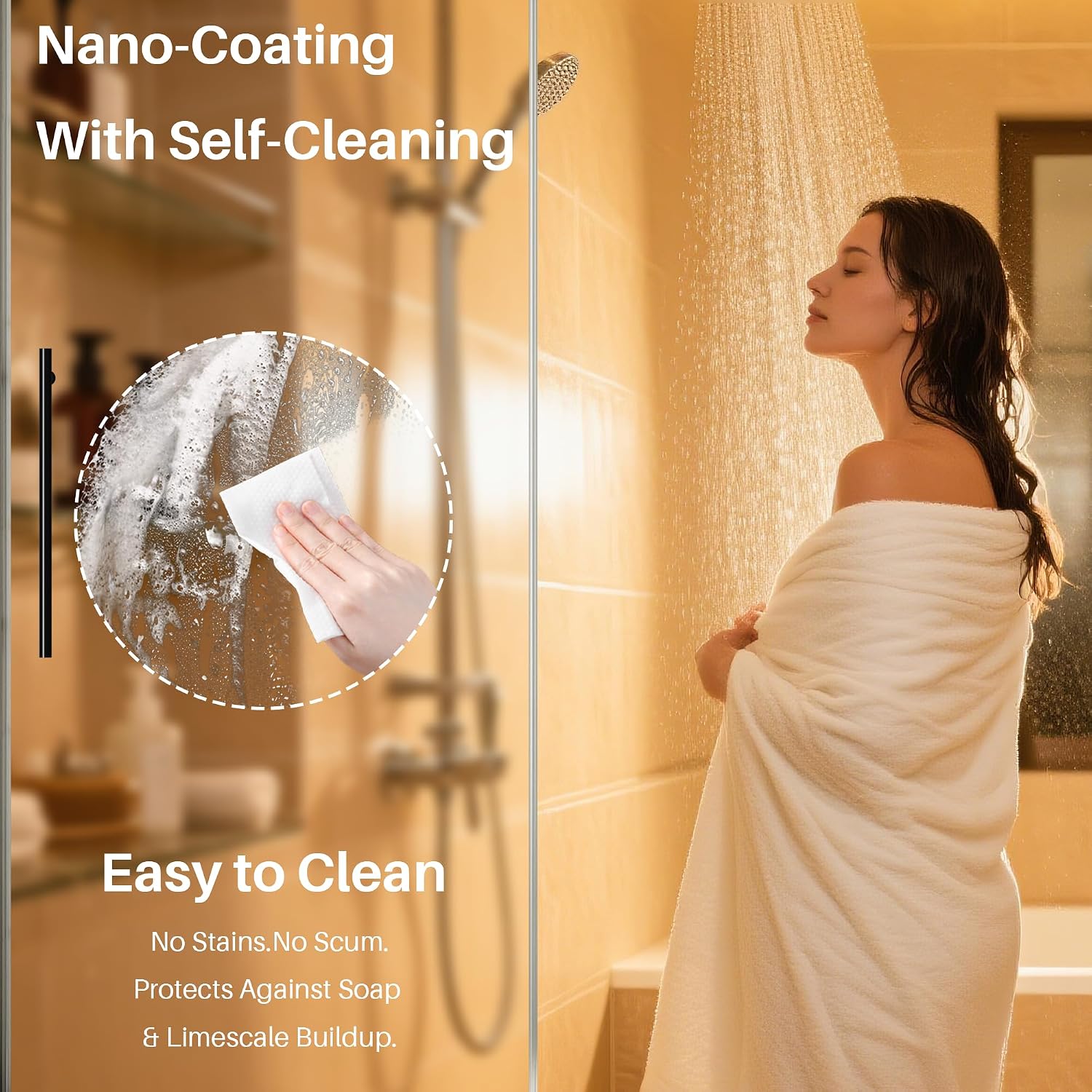 WinZo Frameless Sliding Shower Door 44-48" W x 75" H, Matte Black | 5/16" (8mm) Clear Tempered Glass, Easy-Clean Bathroom, Silent Soft-Close Design