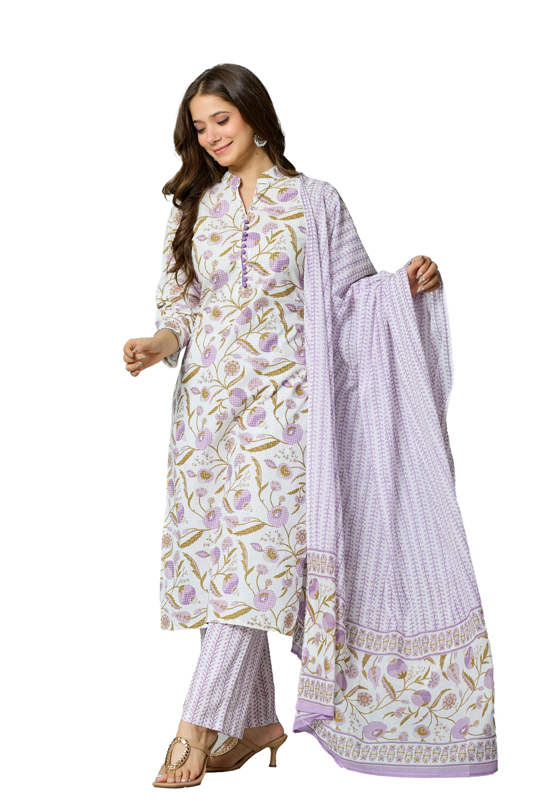aradhika Women's Cotton Printed Kurta with Pant and Dupatta - (Purple White)-picture-39