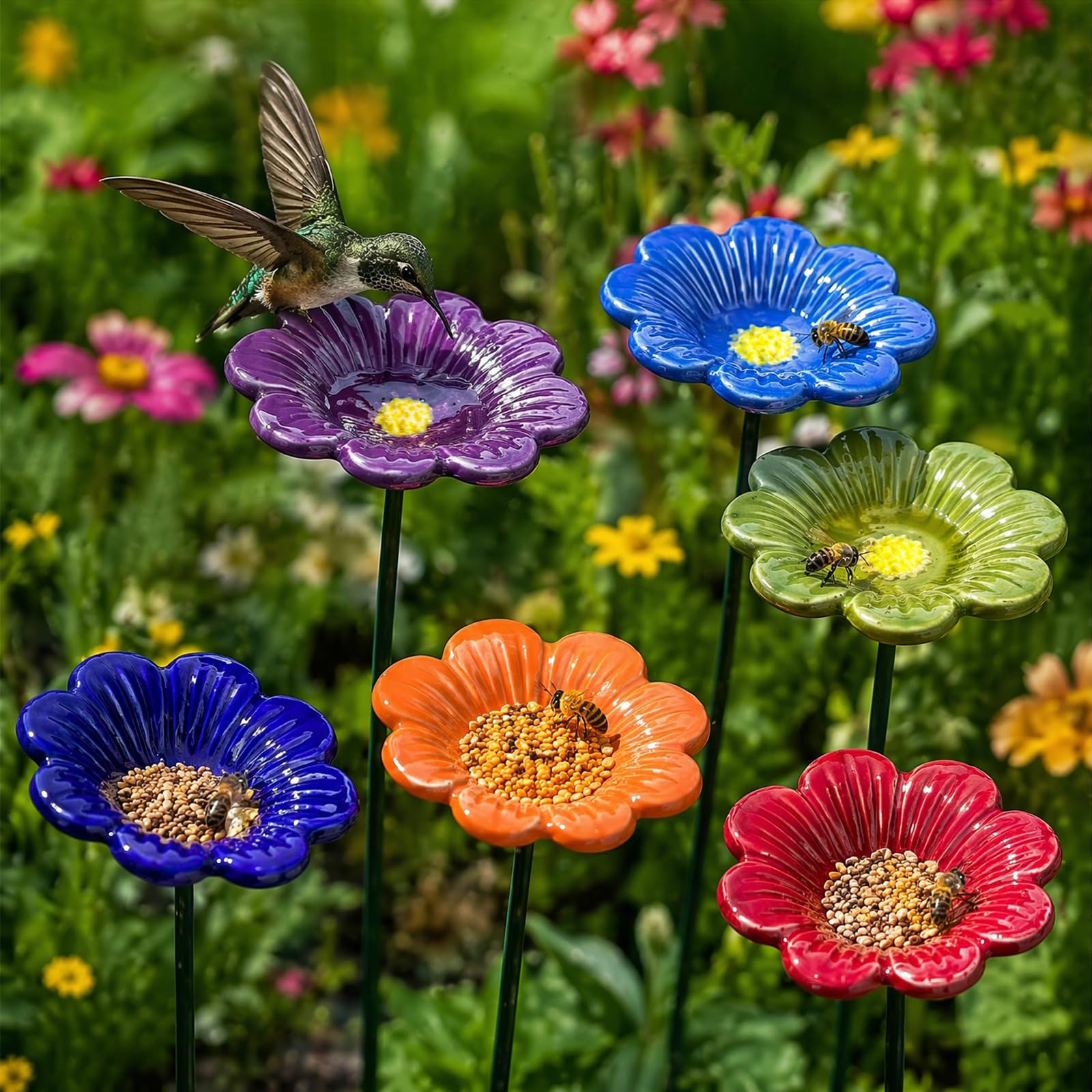 Handmade Ceramic Bee Watering Station, 4 Flowers Shaped Bee Drinking Cups, Colorful Flower Bees Water Feeder & Butterfly Bird Bath Feeder Bowls for Outdoor Garden Lawn Yard Patio Decor