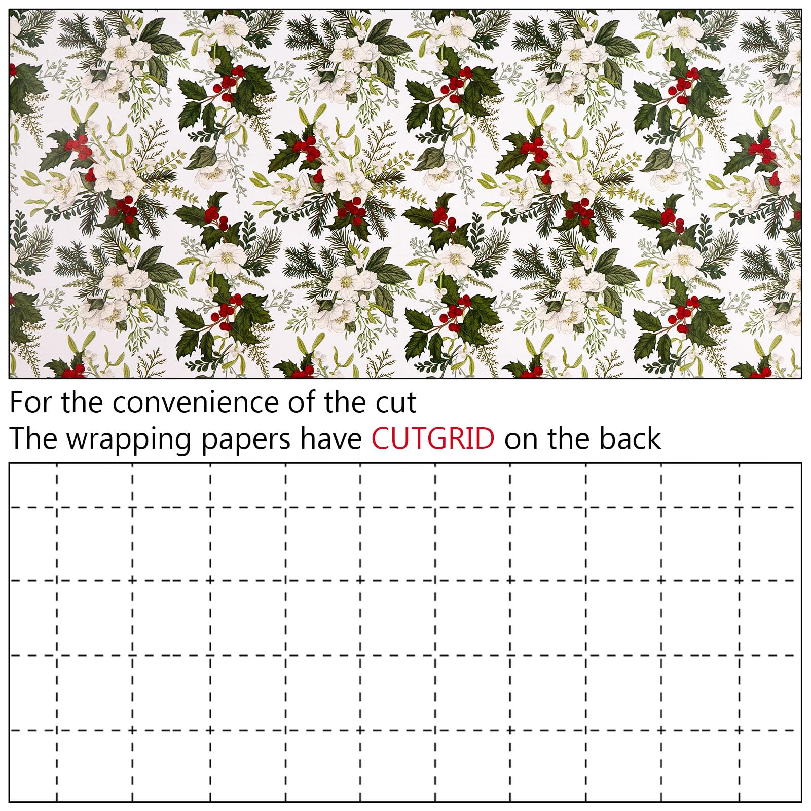 Merture Rollo de papel de regalo de Navidad, 17 pulgadas x 32.8 pies (46.5 pies cuadrados) Elegante papel de regalo de Navidad con diseño de bayas de acuarela y flores para Navidad, cumpleaños, día de