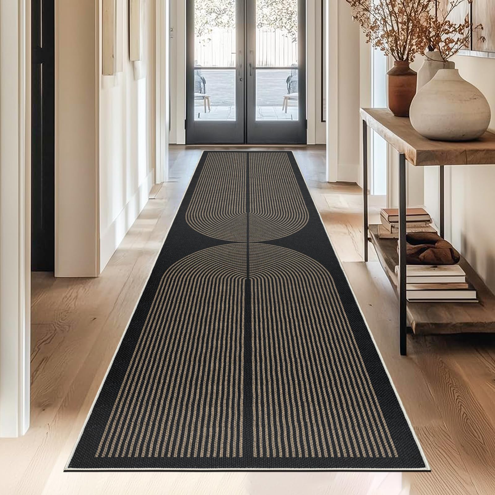Capslpad Runner Rug for Entryway 80x300cm Non-Slip Hallway Carpet Runner Washable Jute Look Rug Kitchen Runner Durable Floor Area Rug Runners for Living Room Bedroom Balcony Corridor, Brown Black
