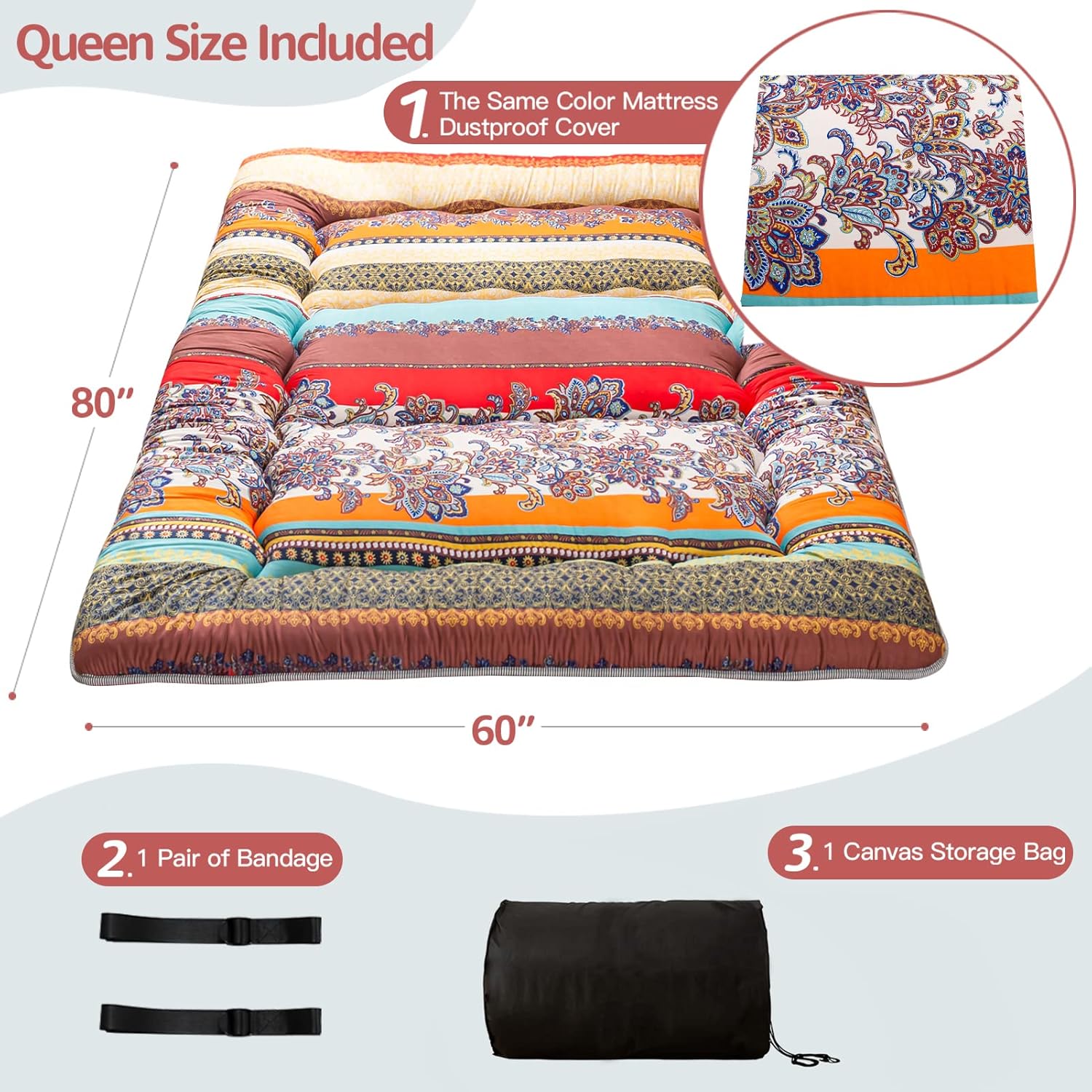 MAXYOYO Bohemian Retro Floor Mattress Vintage Floral Japanese Futon Mattress Roll Up Thicken Sleeping Bed Portable Camping Mattress Floor Lounger Couch Bed Mattress Pad, Queen Size Queen Bohemian E