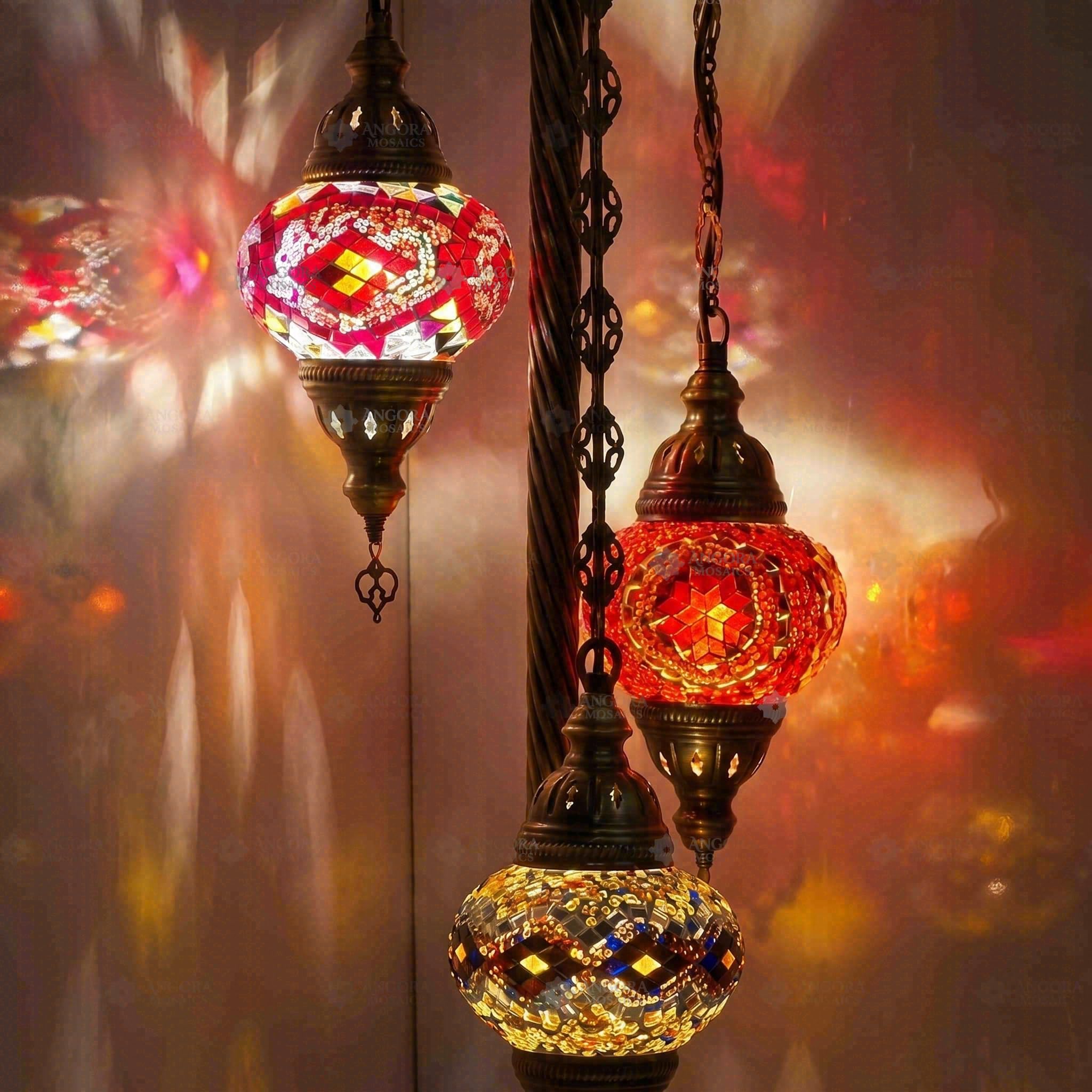 ENVA Lampada da terra a mosaico turco, 3 globi rossi e ambrati, decorazione bohémien marocchina fatta a mano
