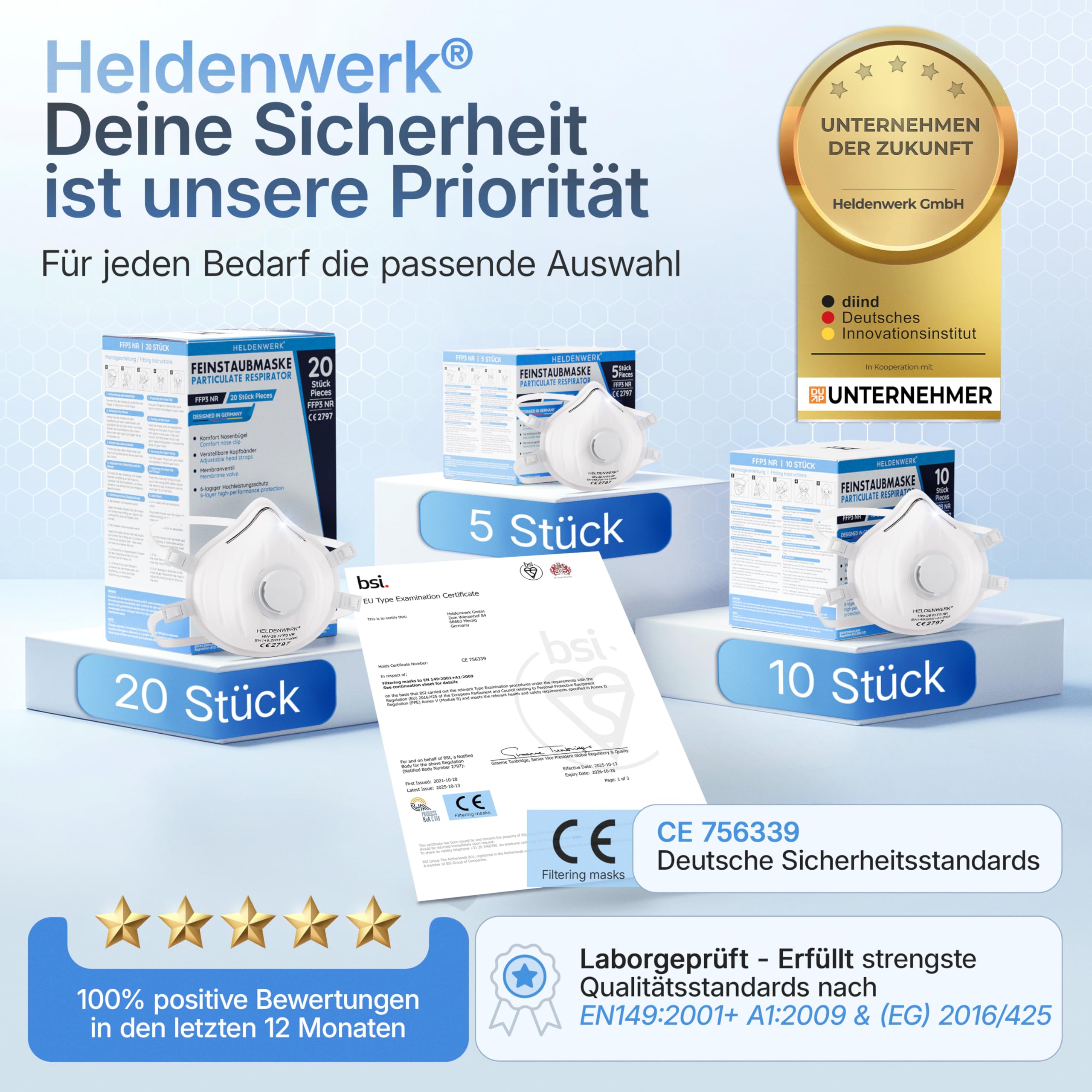 HELDENWERK Máscara FFP3 con válvula – Juego de 5, 10 o 20 unidades – Mascarilla respiratoria/antipolvo certificada válvula de exhalación – Máscaras antipolvo con banda trasera ajustable (20 unidades)