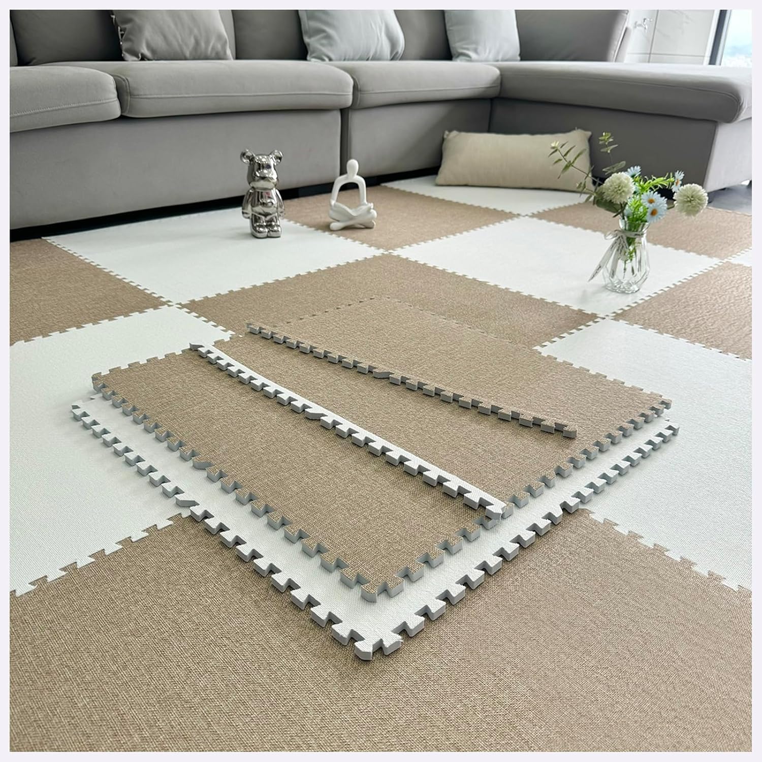 JvFbjLF Foam Interlocking Floor Mat 60cm Large Size Puzzle Area Rugs Play Mat DIY Square Carpet Soft Foam Flooring Tiles(Light Brown+White,10pcs)