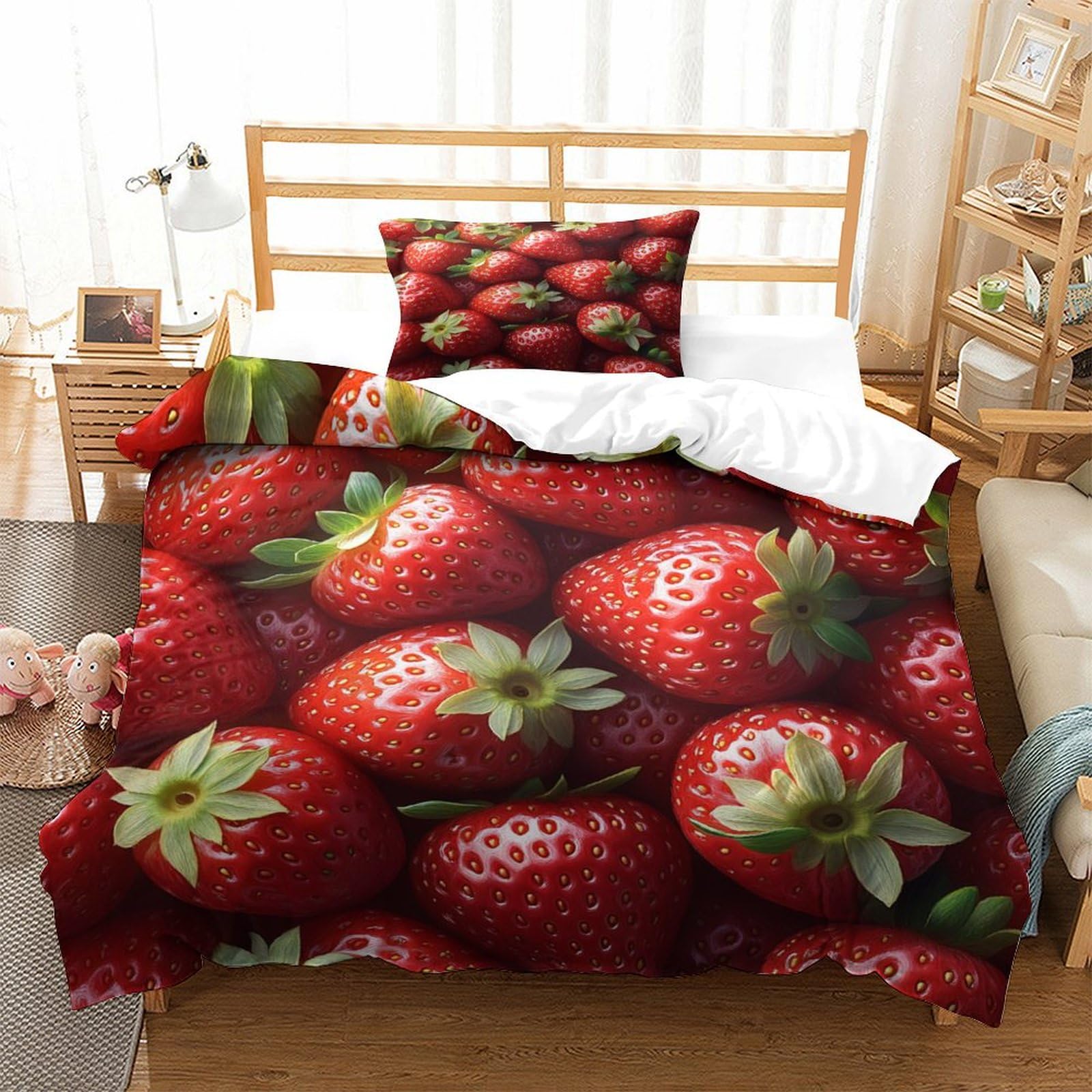 P1s9u7w5y Strawberry-2 Vivid Strawberry 3D Printed Duvet Cover Set 3Pcs Microfiber Fruit Pattern Bedding Set Single（135X200cm）