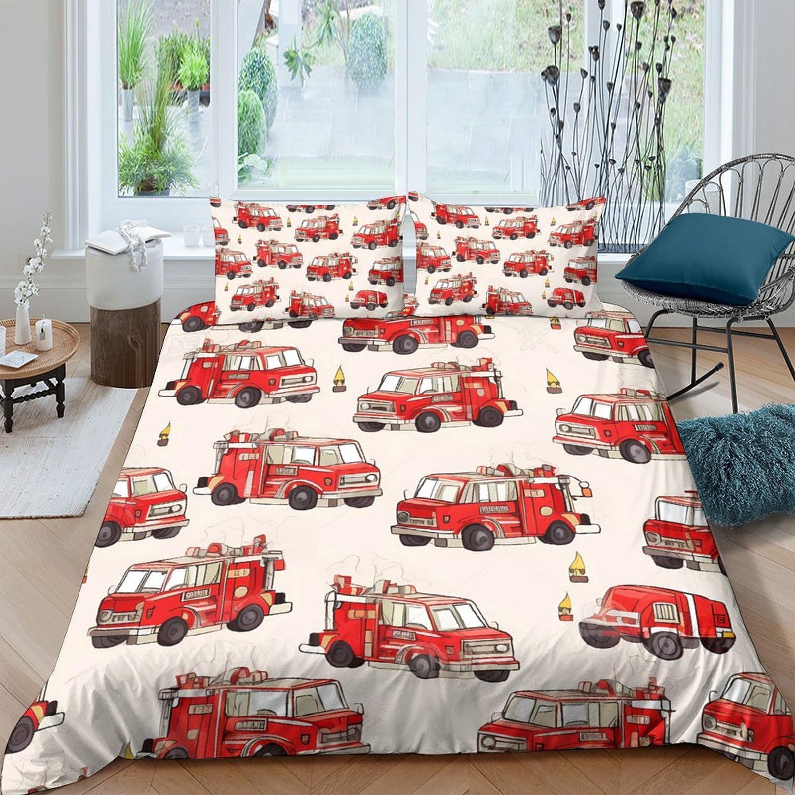 Ctjqhvkz Style-6 3D Printed Fire Truck Fitted Sheet Microfiber Soft Decorative Bed Sheet For Bedroom Dorm Mattress Protection Single（135X200cm）