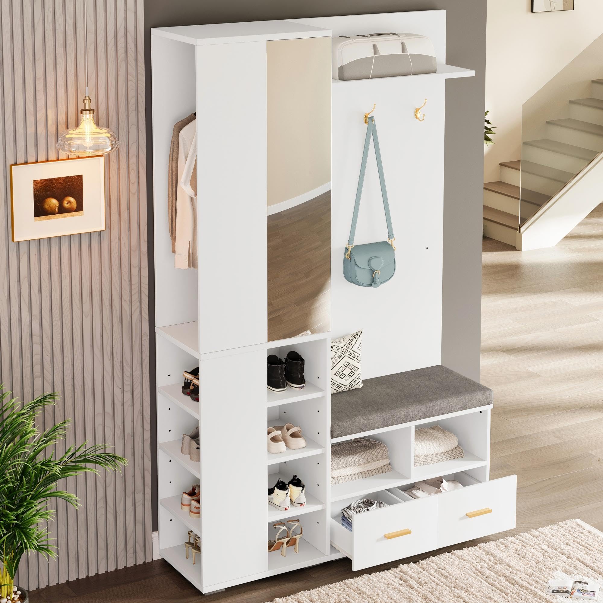 Juego de Perchero Pared con Espejo y 2 Cajones, Mueble Recibidor con Barra de Ropa y Estante Abierto, Conjunto de Perchero Entrada Recibidor, Banco y Dispositivo Antivuelco, 120x35x190 cm,Blanco