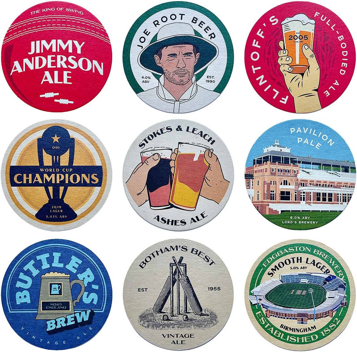 England Cricket Beer Mats x9, Multicolor