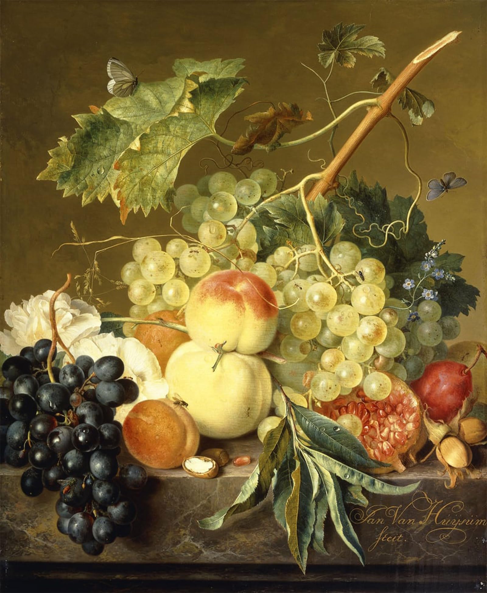 SERENDIPITP Aesthetic Poster Photo Wall Print Retro Picture Fruit Hazelnuts and Hollyhocks on a Marble Ledge by Jan Van Huysum Modern Wall Artwork for Home Decor 60x90cm