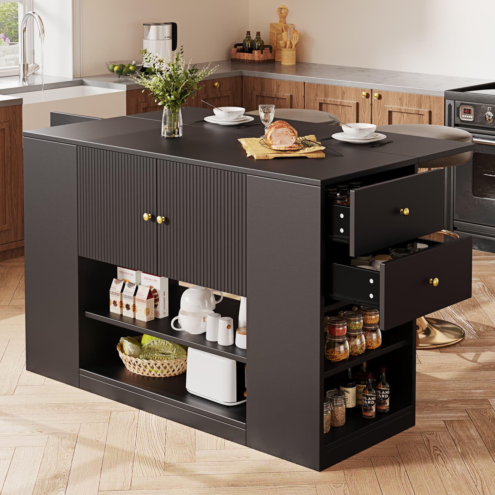 PUGSDRLY Îlot de Cuisine Moderne avec Plateau de Table Pliable,Buffet Meubles de Rangement pour Cuisine et Salle à Manger,3 Portes,2 Tiroirs et Compartiment Ouvert,140x40/70x90cm,Noir