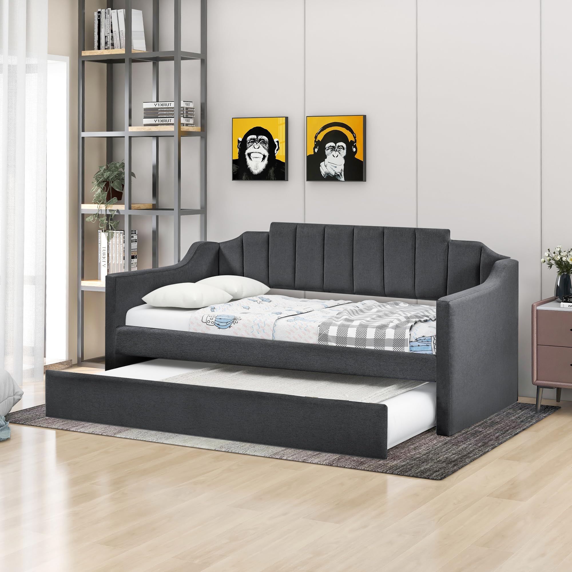 Daybed with Trundle, Twin Size Upholstered Day Bed Frame for Bedroom Guest Room, No Box Spring Needed,Black