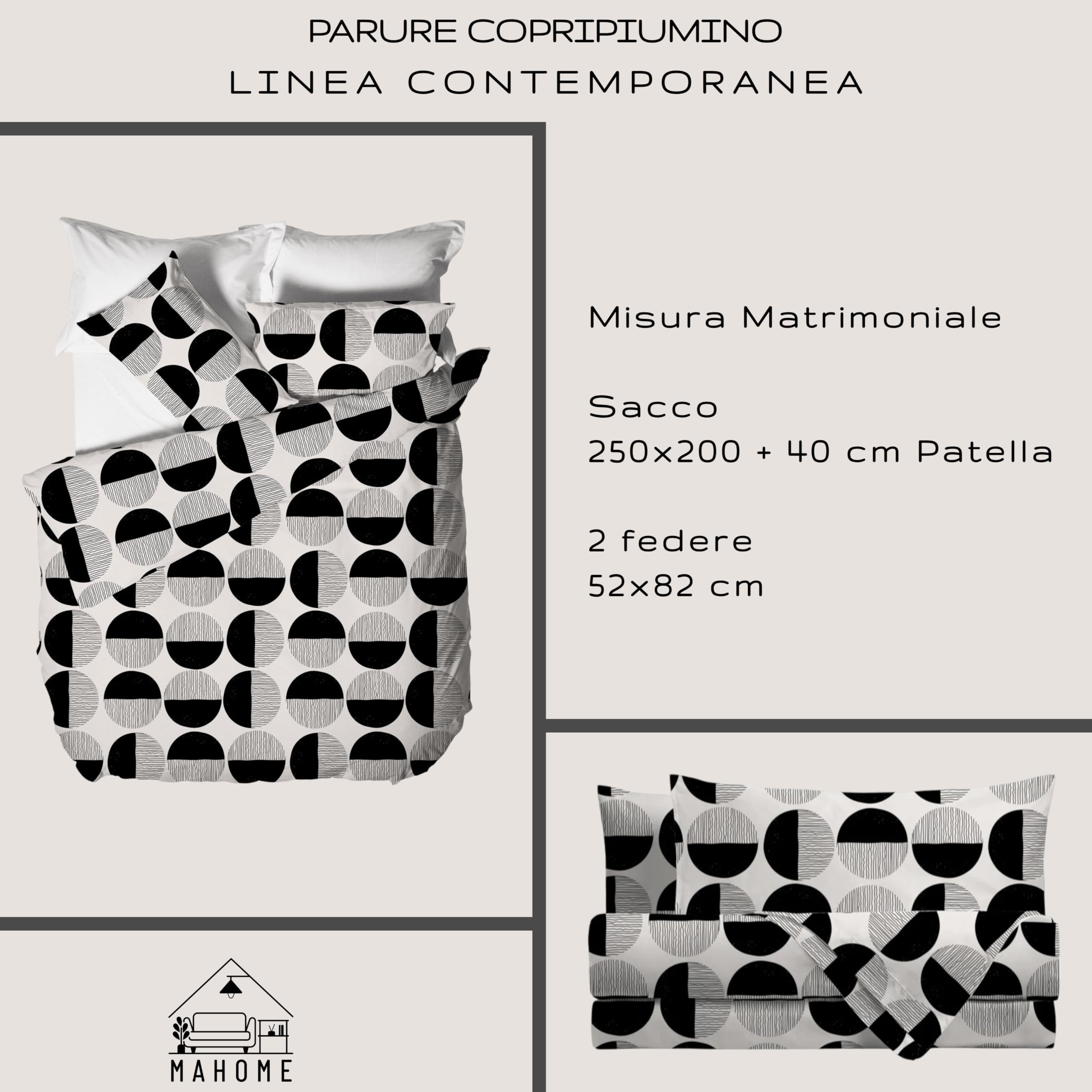 Mahome Set Copripiumino Matrimoniale Moderno 100% Cotone Morbido - Parure Sacco Piumino 250x240 + 2 Federe 52x82 (Bohl Black)