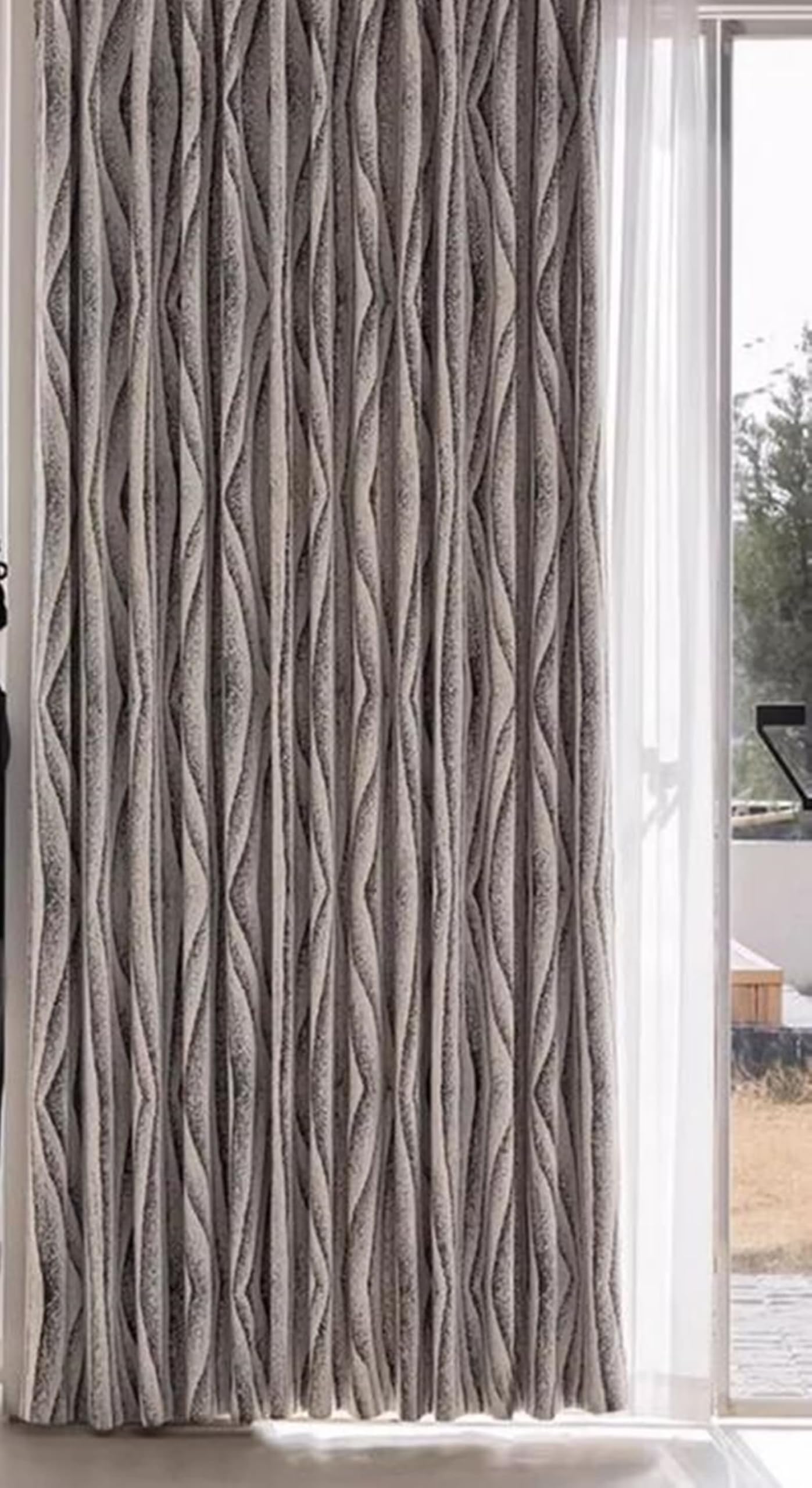 2 Panneaux Rideaux Occultant, Rideau Occultant Thermique Isolant Chenille à Crochets Motif Géométrique Ondulé Jacquard Fenetre Rideaux Chambre Salon Intérieurs Gris Noir, 137L x 160H cm