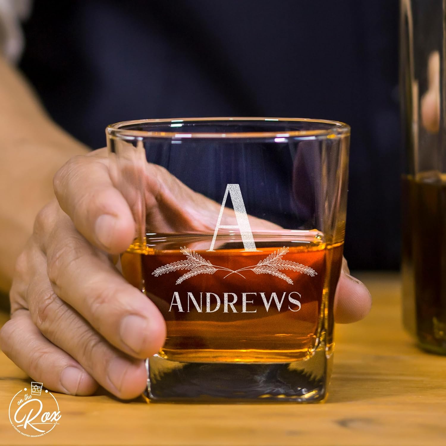 Personalized Whiskey Glass Gifts - Custom Engraved Square Bottom Glass for Wedding - 12 oz Bourbon, Scotch Glass - Groomsman Favors (Name Monogram)