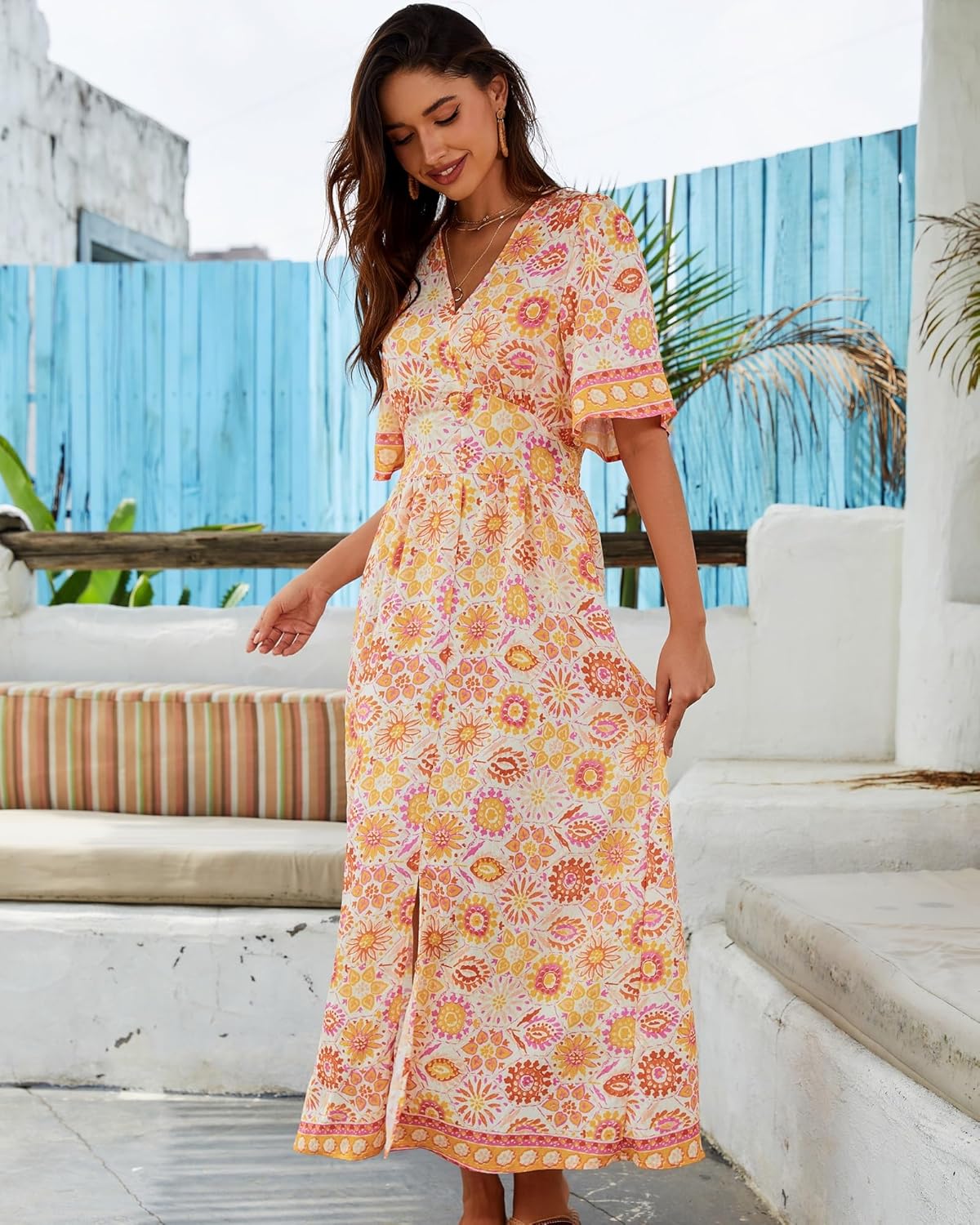 Women's V-Neck Short Sleeve Summer Dress, Floral Boho, Casual Style, Sundress Beach Long Maxi Outfits - Image 6