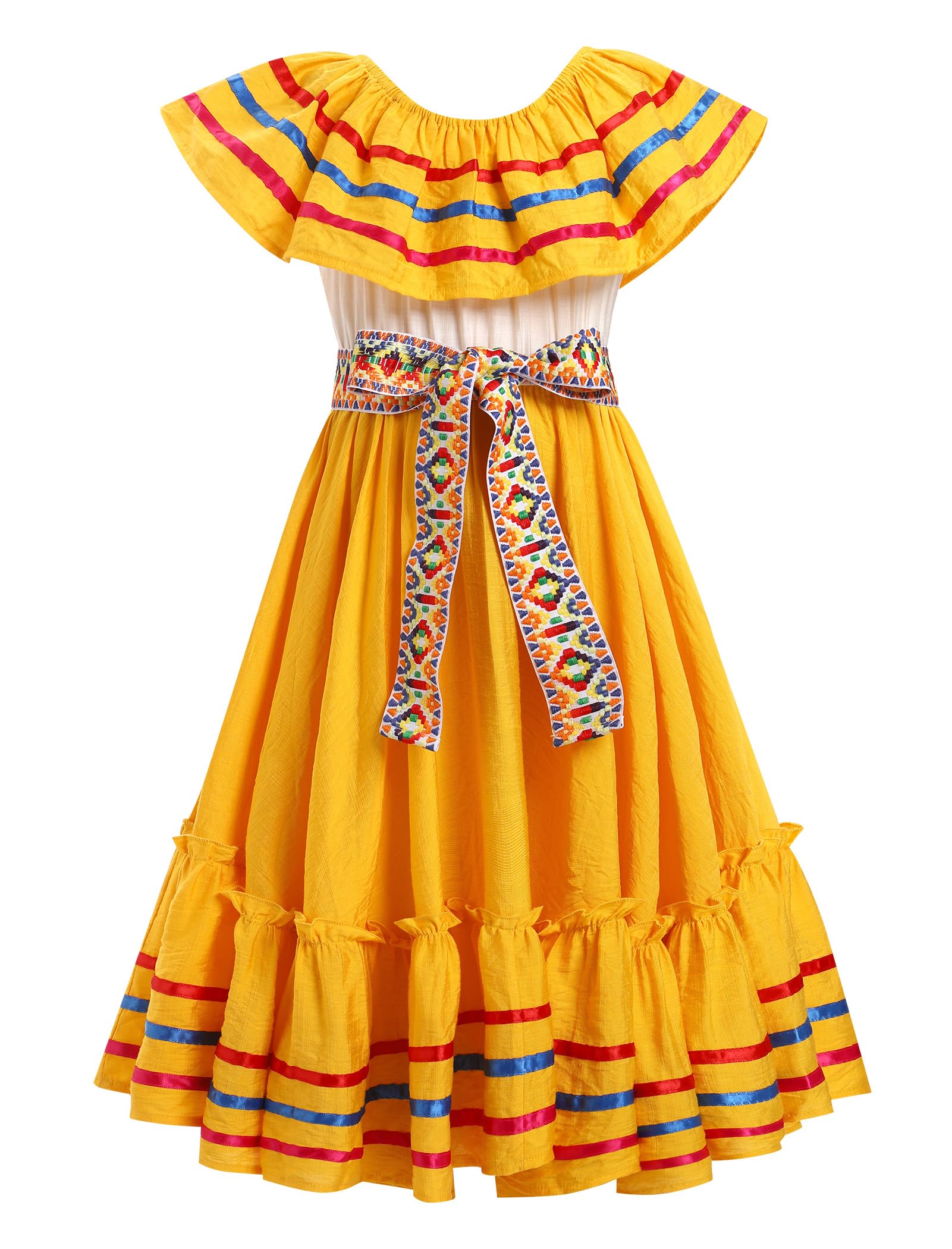 Photo 1 of Mexican Dress for for Girls Folklorico Dress Cinco de Mayo Fiesta Dresses Toddler Off-Shoulder Traditional Mexican Dresses Little Girls Flamenco Dress Ruffle Drape A Line Dresses Yellow 9-10 Years