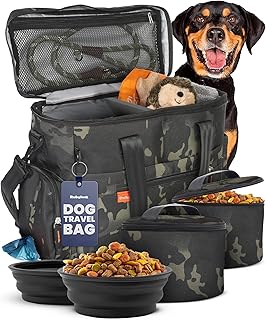 The Original Doggy Bag™ - Complete Dog Travel Bag for Supplies with 2 BPA-Free Travel Dog Bowls & 2 Pet Food Containers - Traveling Kit for Road Trips, Camping, Weekend Away or Doggy Gift - Camo