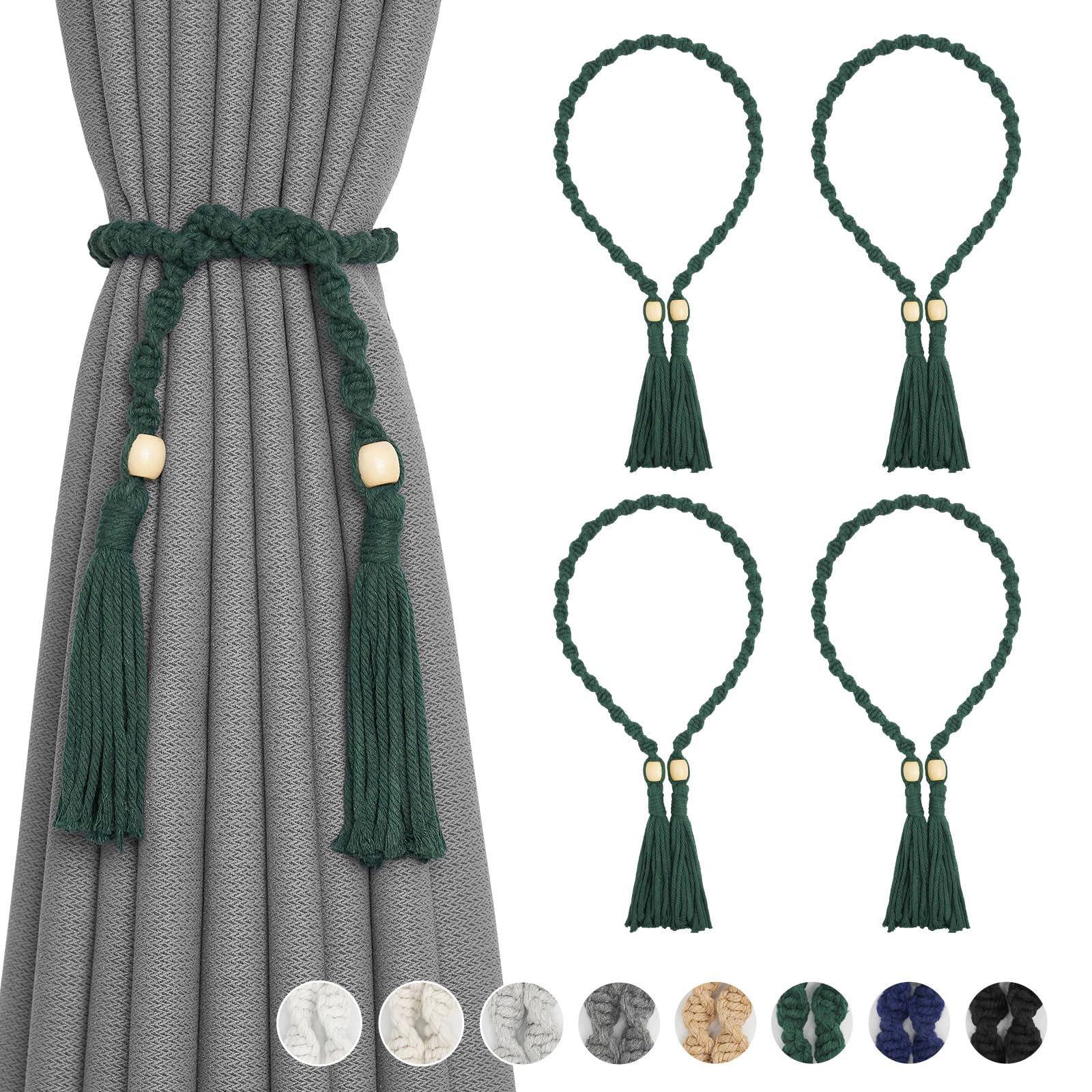 Pretty Jolly 4 Pack Natural Cotton Rope Curtain Tiebacks Boho Rustic Style Decorative Drape Tie Backs Spiral Braided Rope Curtain Holdbacks for Thin or Thick Home Office Window Draperies (Dark Green)