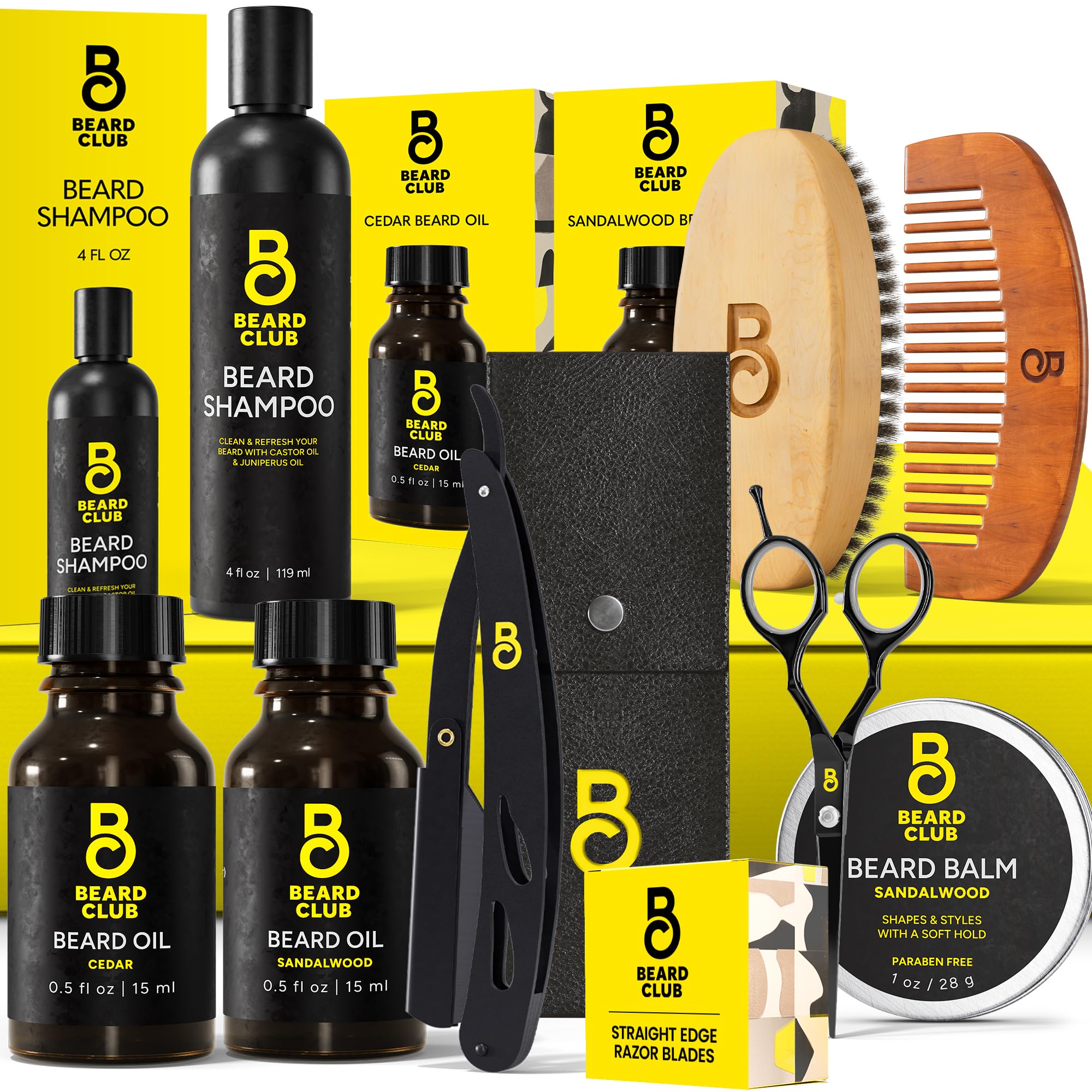 The Beard Club Fathers Day Dad Gift Beard Kit for Men - Grooming & Care Kit - Cedar & Sandalwood Oil, Sandalwood Balm, Shampoo, Brush, Comb, Trimming Scissors, Straight Edge Razor - Gift Set