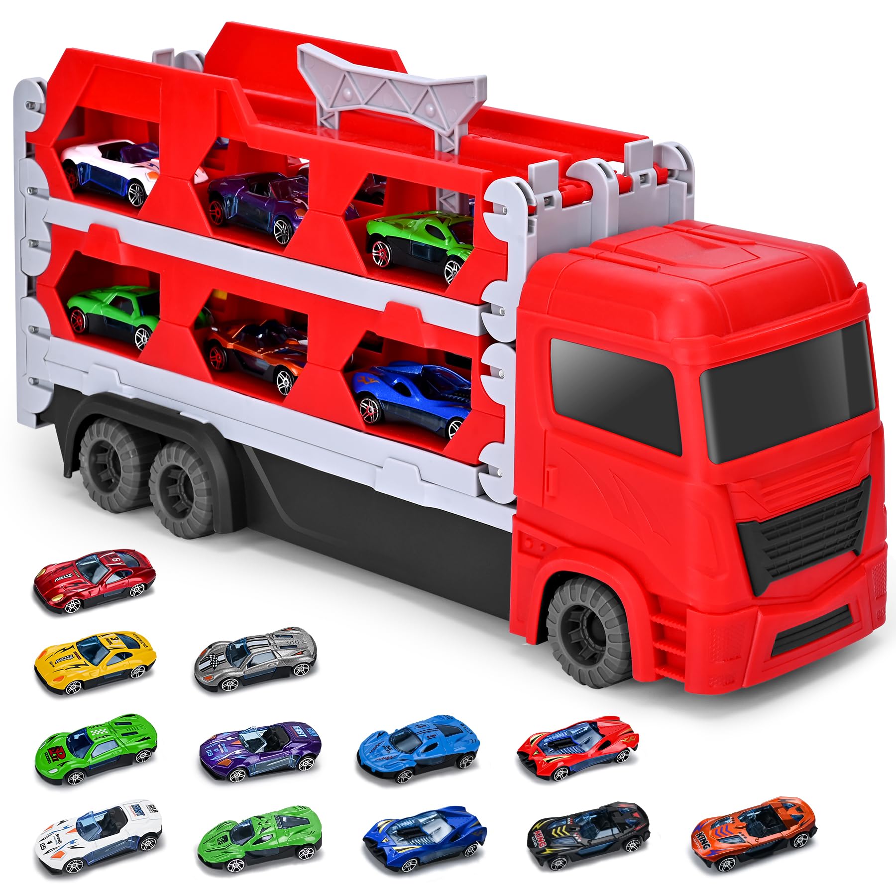 Xoolkly Transport Truck Toy Cars for Boys & Girls, Portable Folding Race Track with 12 Cars, Carrier Truck Toys Set for Ages 3-6, Red
