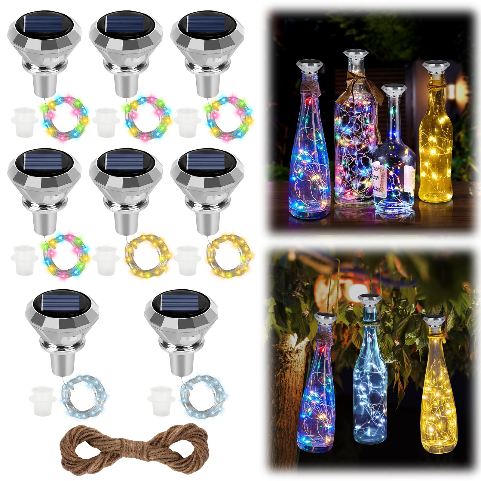 LYPPUL Solar Bottle Light, 2 m 20 LED Bottle Fairy Lights, Cork, Pack of 8 Solar Diamond Bottle Lights, Waterproof Wine Bottle Fairy Lights for Bottle, Party, Christmas, Indoor Lighting Decoration
