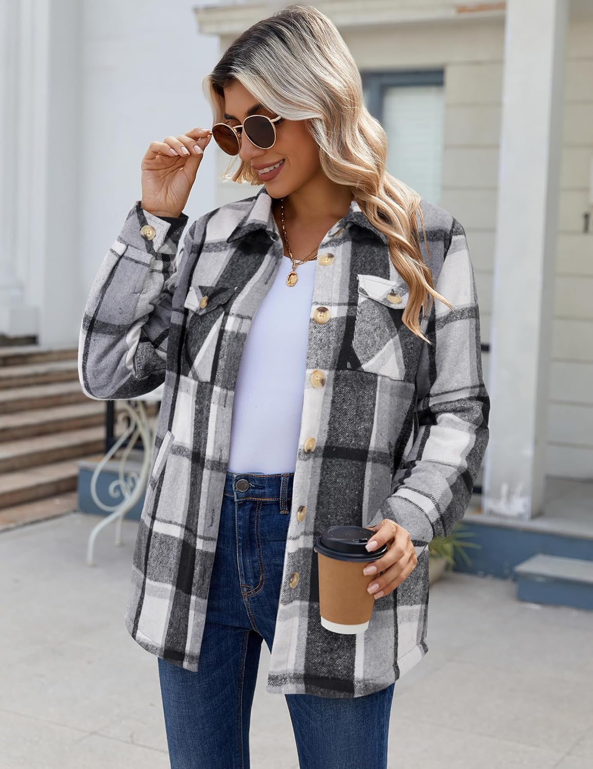 Zeagoo Women's Fleece Sherpa Jacket Casual Long Sleeve Button Down Flannel Shacket Shirt Winter Coat with Pockets - Image 3