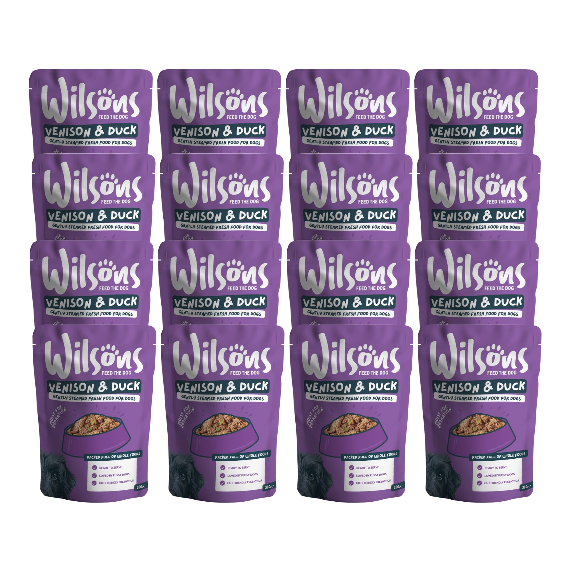 Wilsons Venison and Duck Fresh Dog Food Premium Natural Protein Balanced Meal - 16x 380g Pouches