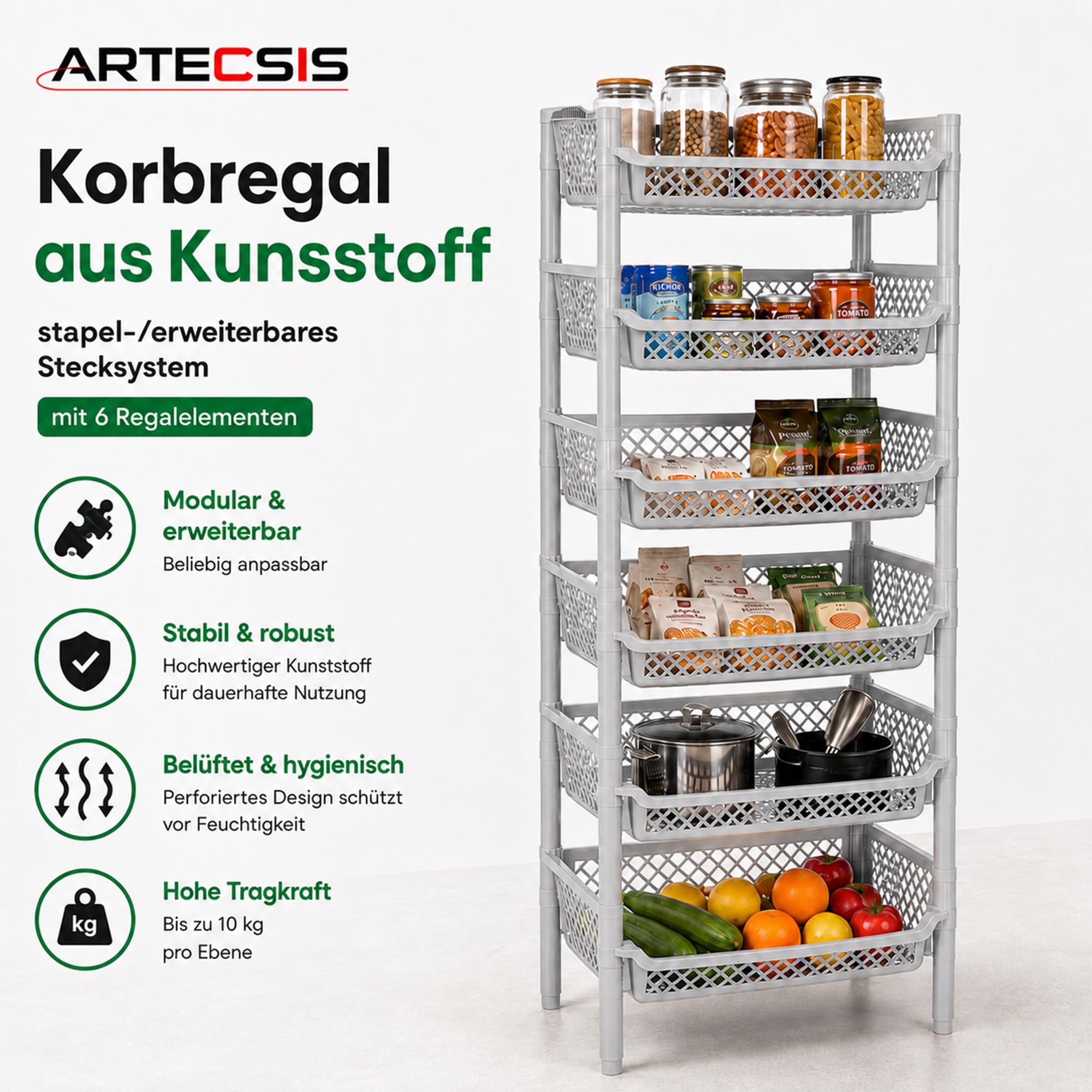 ARTECSIS® Korbregal aus Kunststoff mit 6 Regal-Etagen stapelbar & modular erweiterbares Stecksystem grau (schmal) - Kellerregal & Vorratsregal für Lagerung - Abstellraum Steckregal & Lagerregal